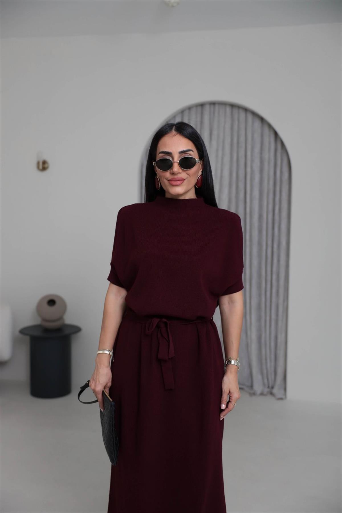 5265 Dik Yaka Kuşaklı Triko Elbise BORDO