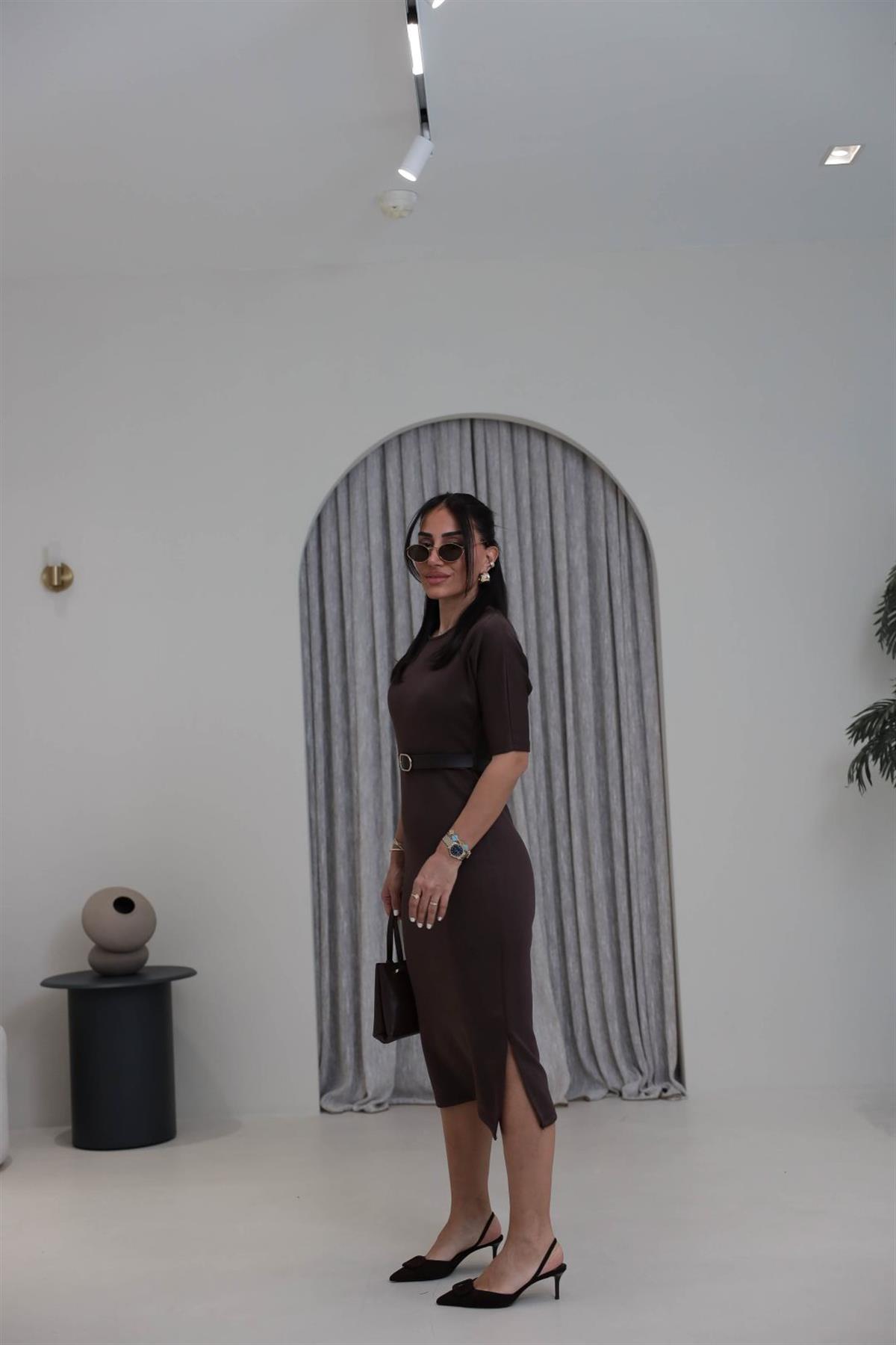 1484 Kemerli Modal Elbise KAHVE