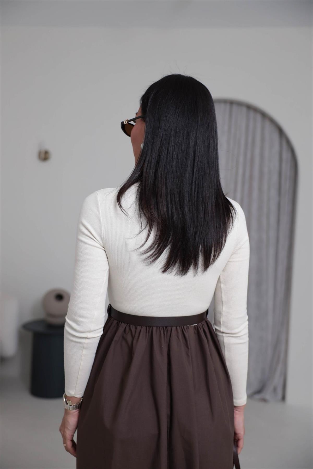 2018 Kemerli Kaşkorse Uzun Kol Elbise KREM