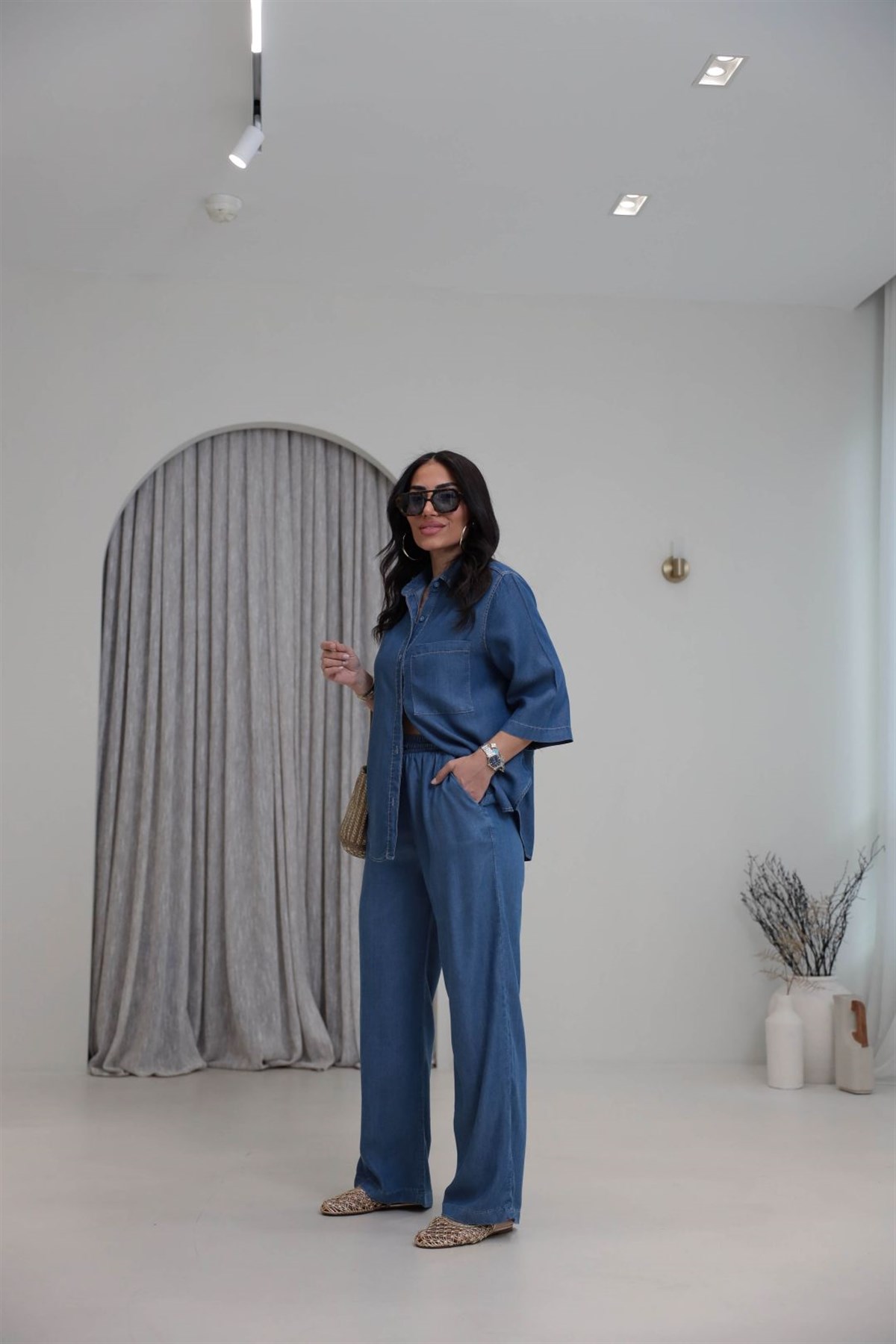 0926 Tencel Kumaş Gömlek ve Pantolon Takım KOYU MAVİ