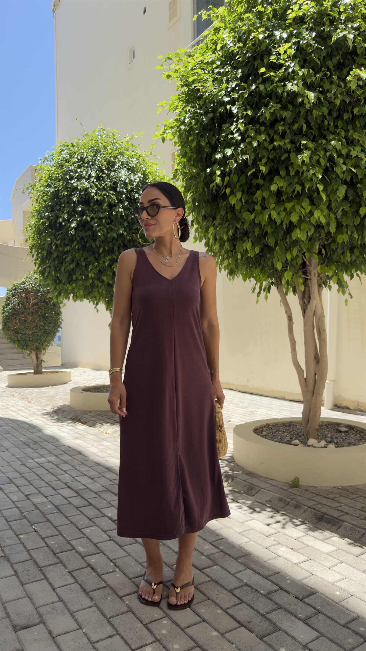2562 Ön Yırtmaçlı Sıfır Kol Pike Modal Elbise MÜRDÜM