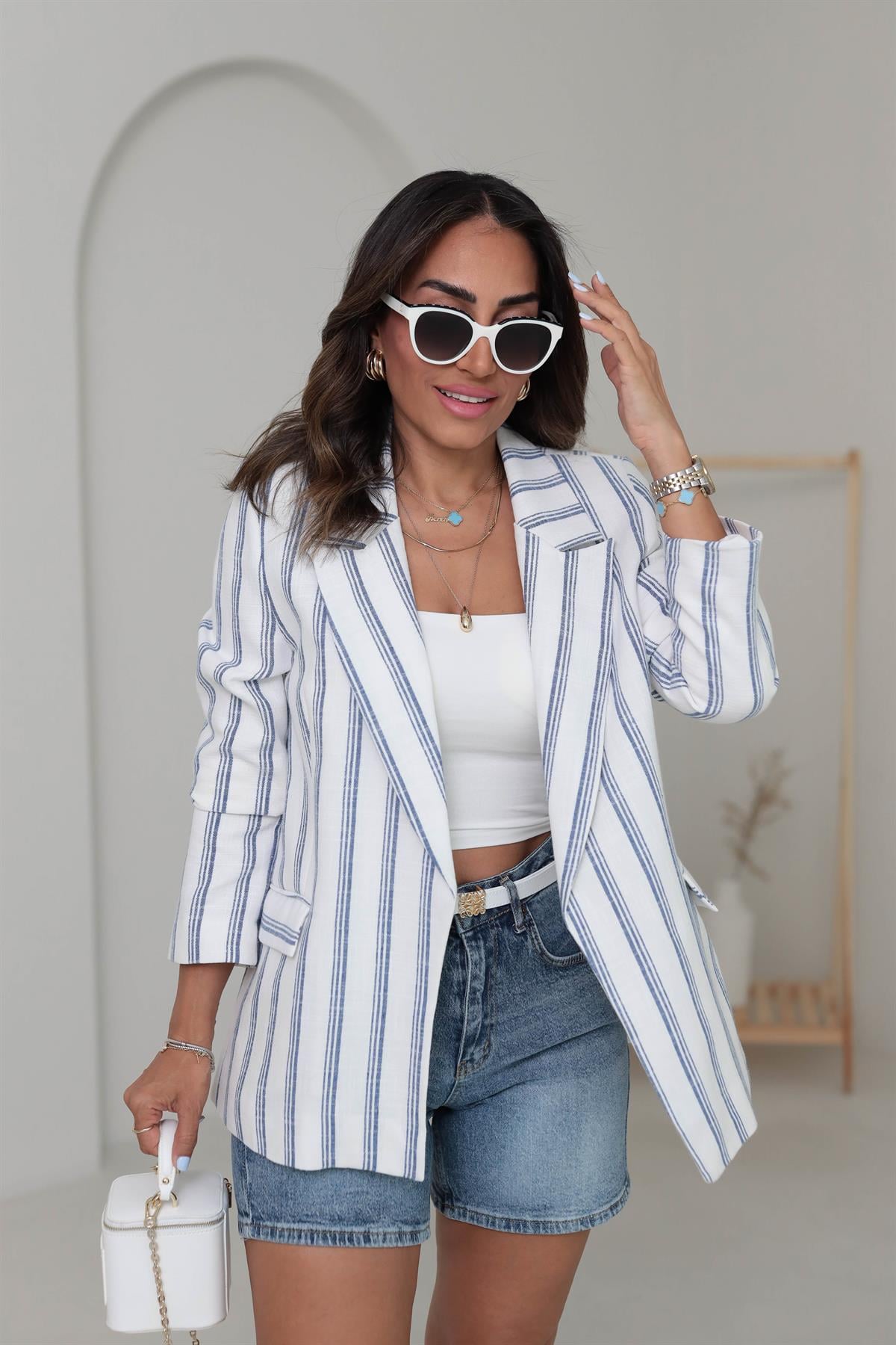 9424 Çizgili Keten Blazer Ceket MAVİ