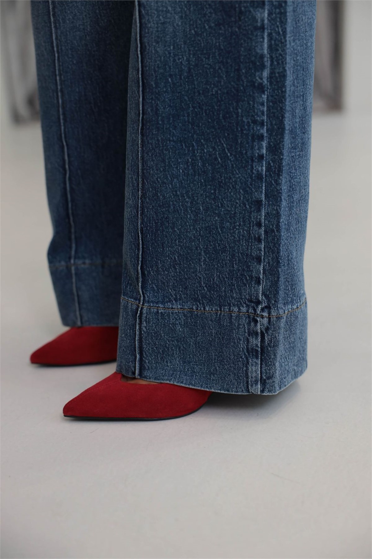 1040 Ön Cep ve Paça Detaylı Wide Leg Jean MAVİ