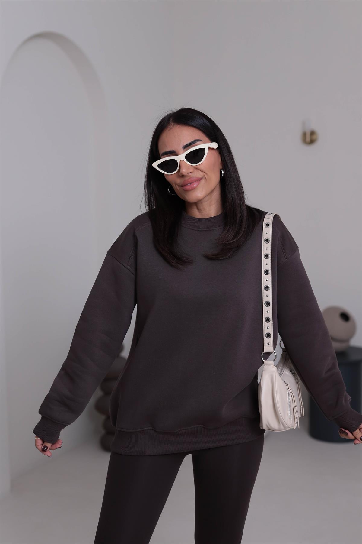7912 Bisiklet Yaka Şardonlu Sweatshirt ACI KAHVE