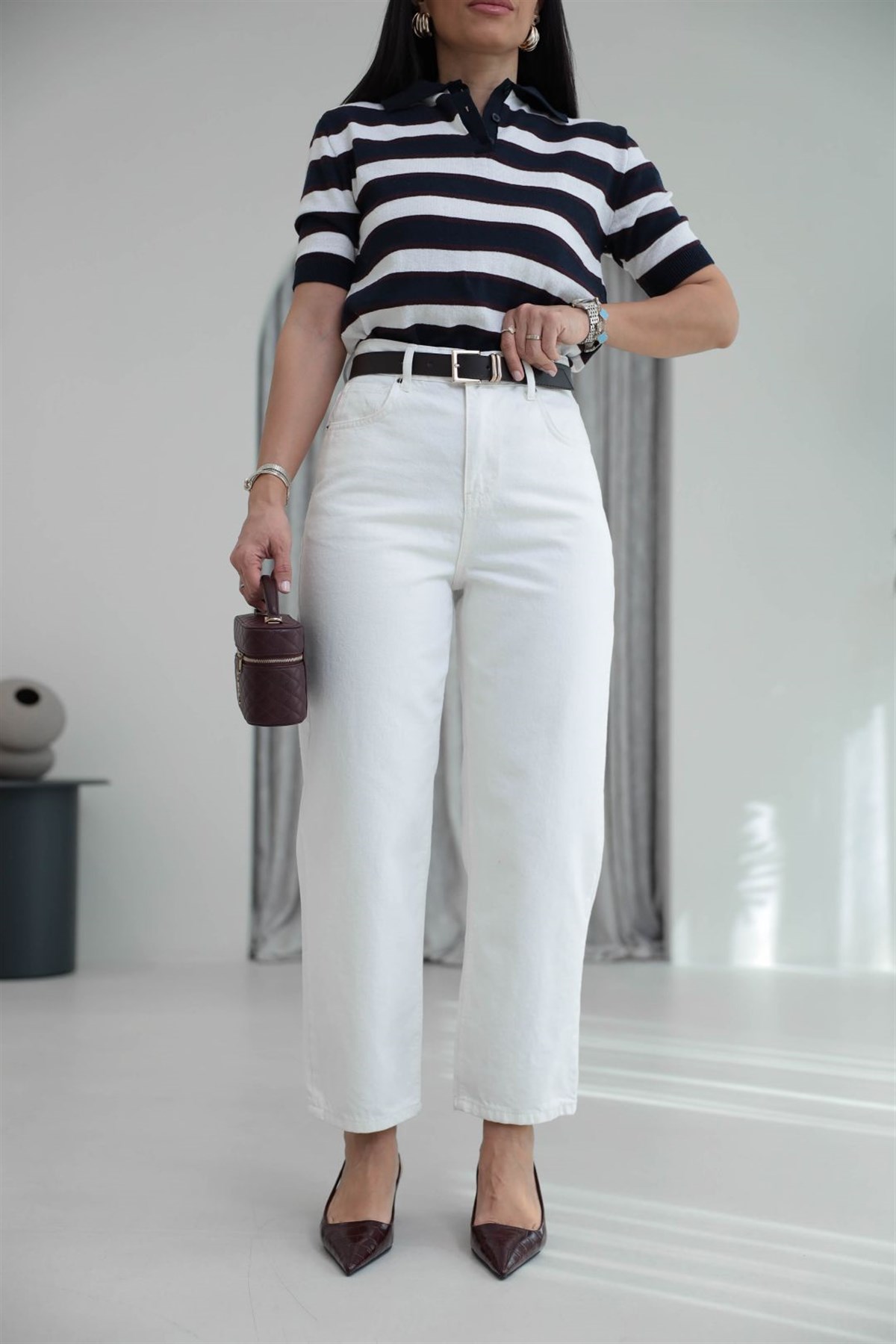 5919 Yüksek Bel Pamuklu Kemerli Mom Jean BEYAZ