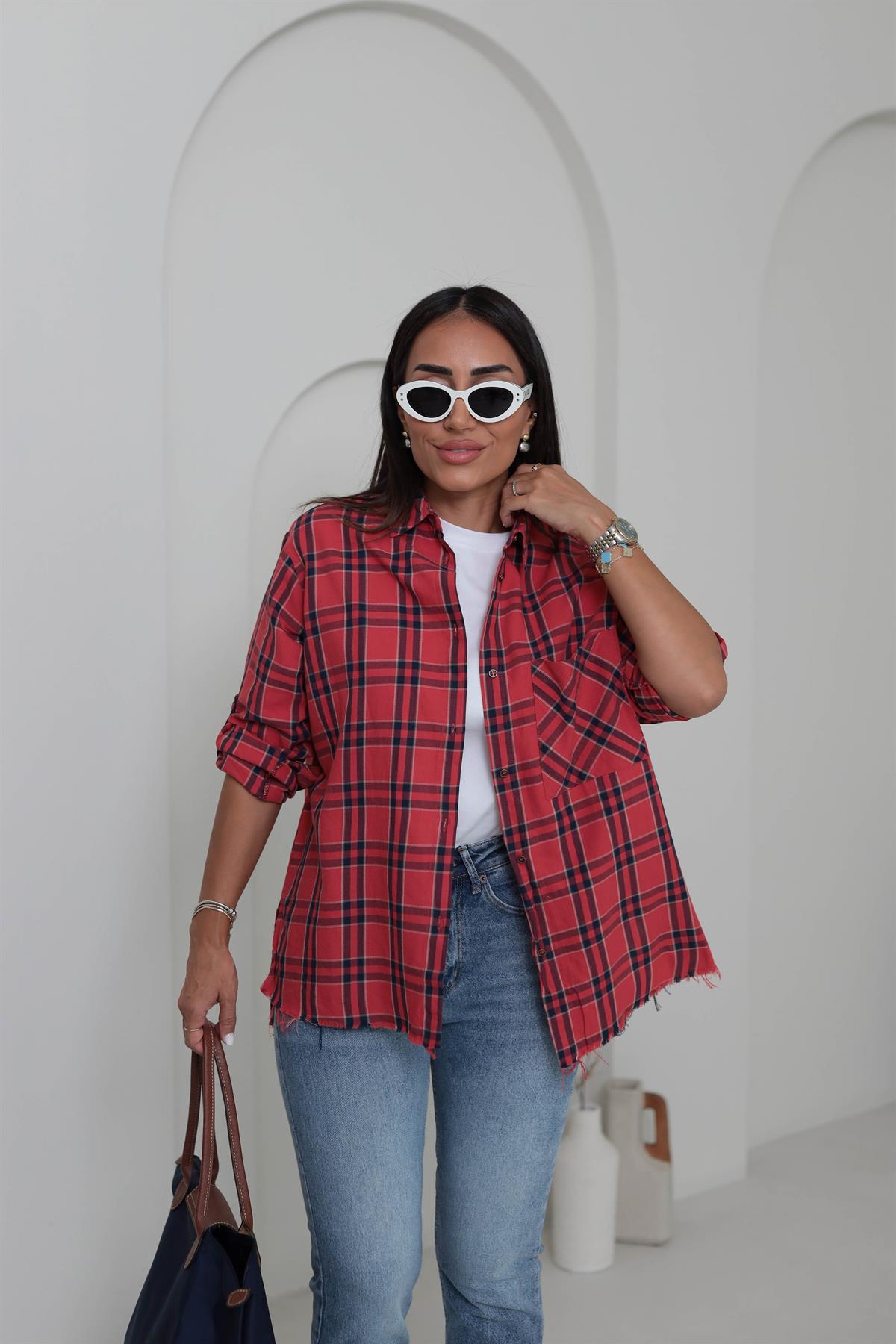 4691 Çizgili Ekose Koton Gömlek KIRMIZI