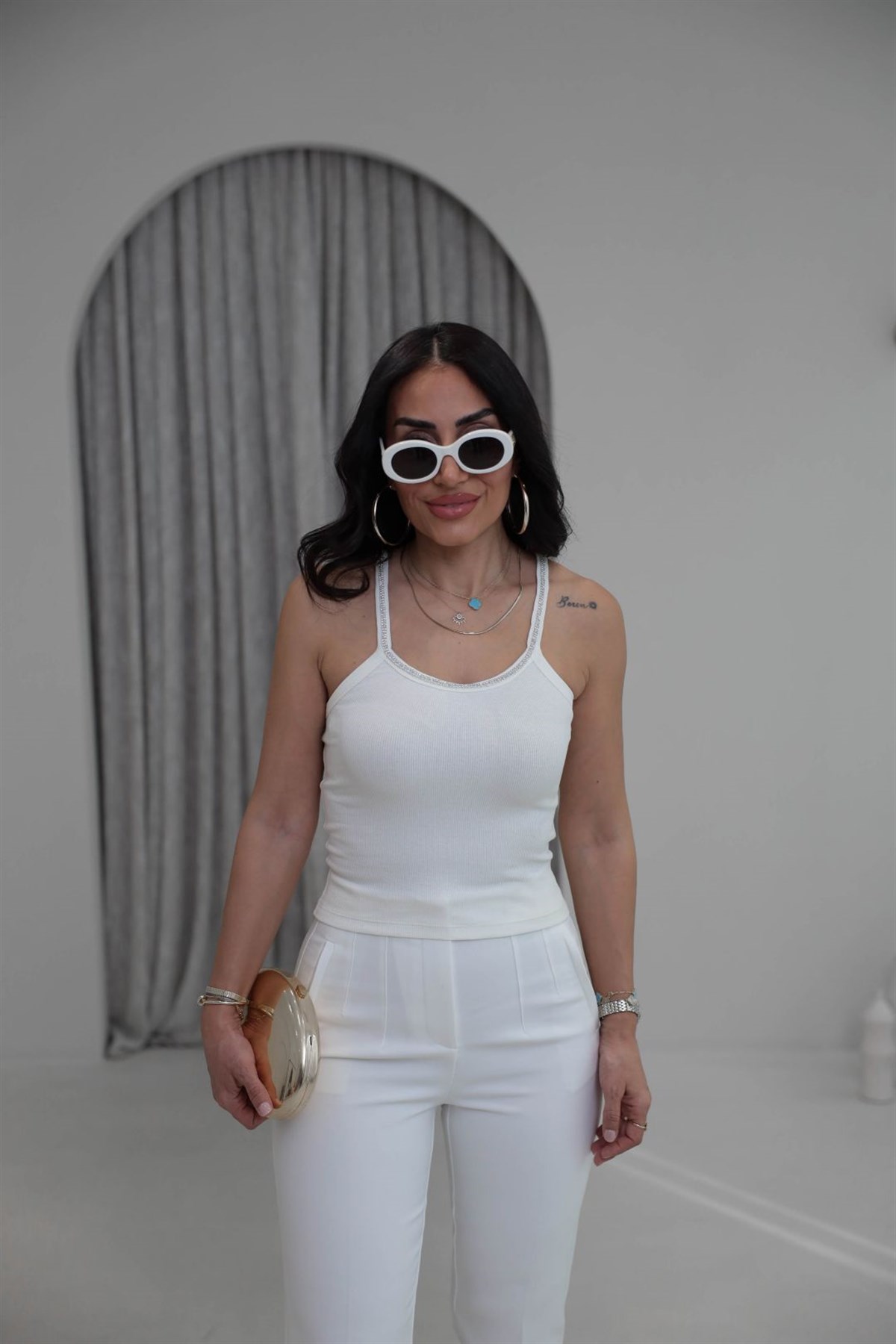 4798 Pamuklu Yakası Taşlı Atlet EKRU