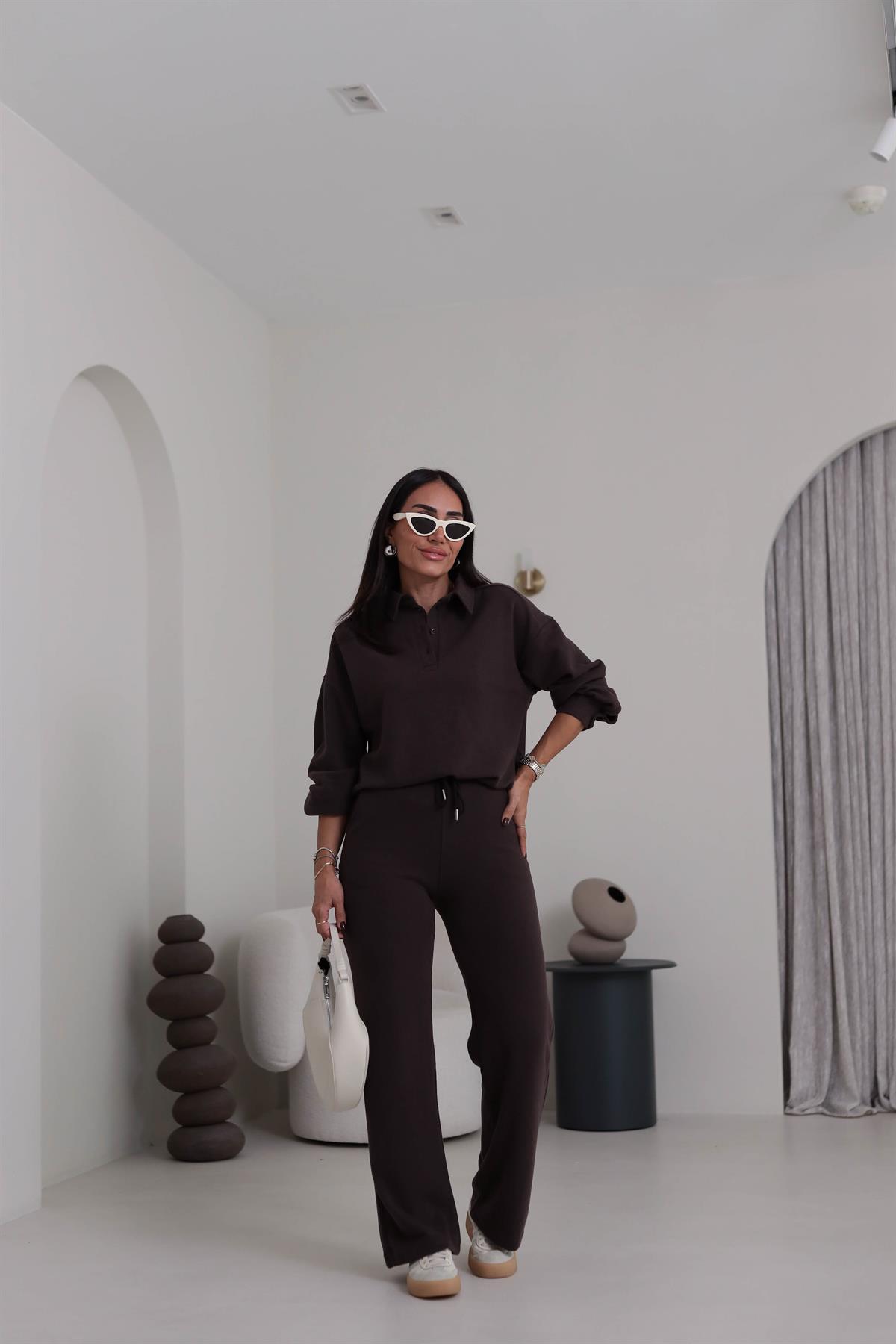 2411 Selanik Polo Yaka Yarım Düğmeli Rahat Takım KAHVE