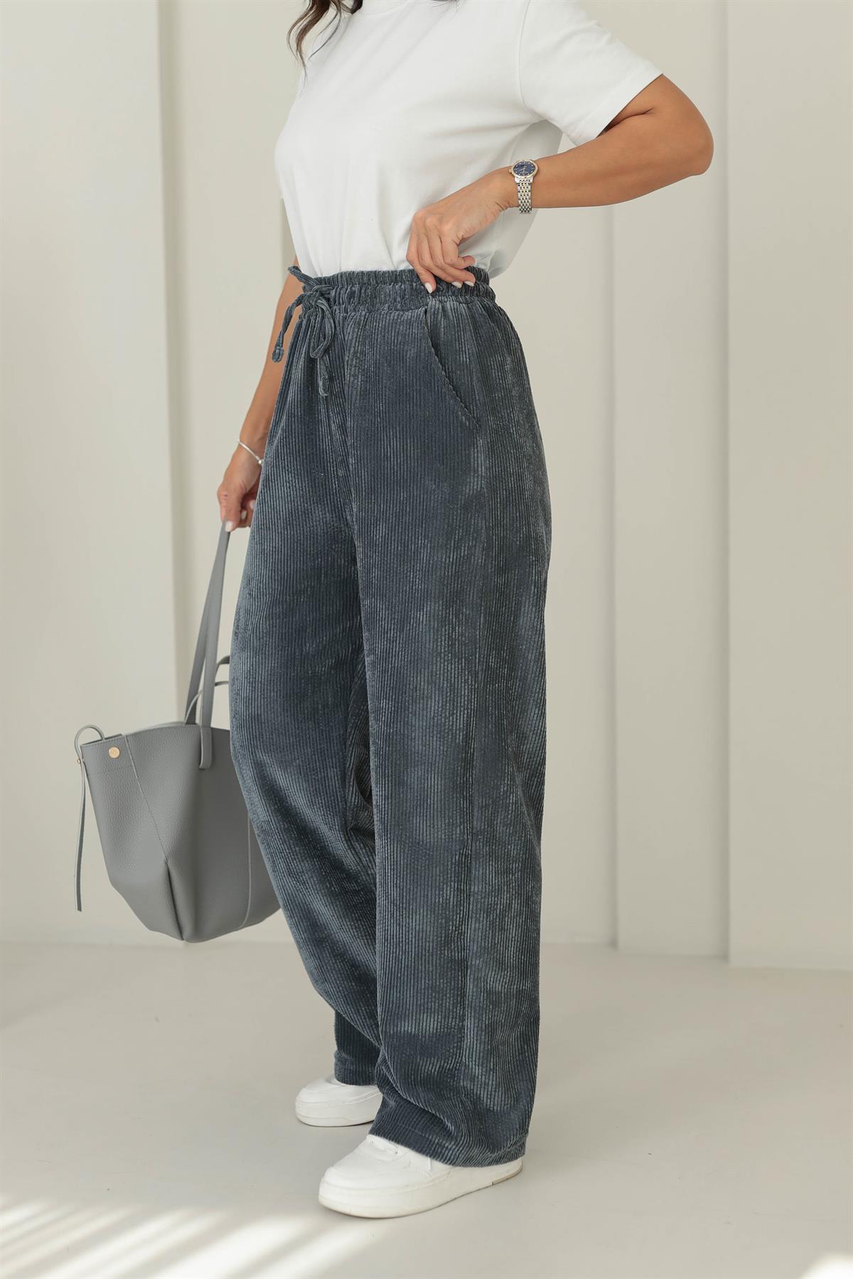 1211 Bol Kalıp Bel Lastikli Kadife Pantolon ANTRASİT