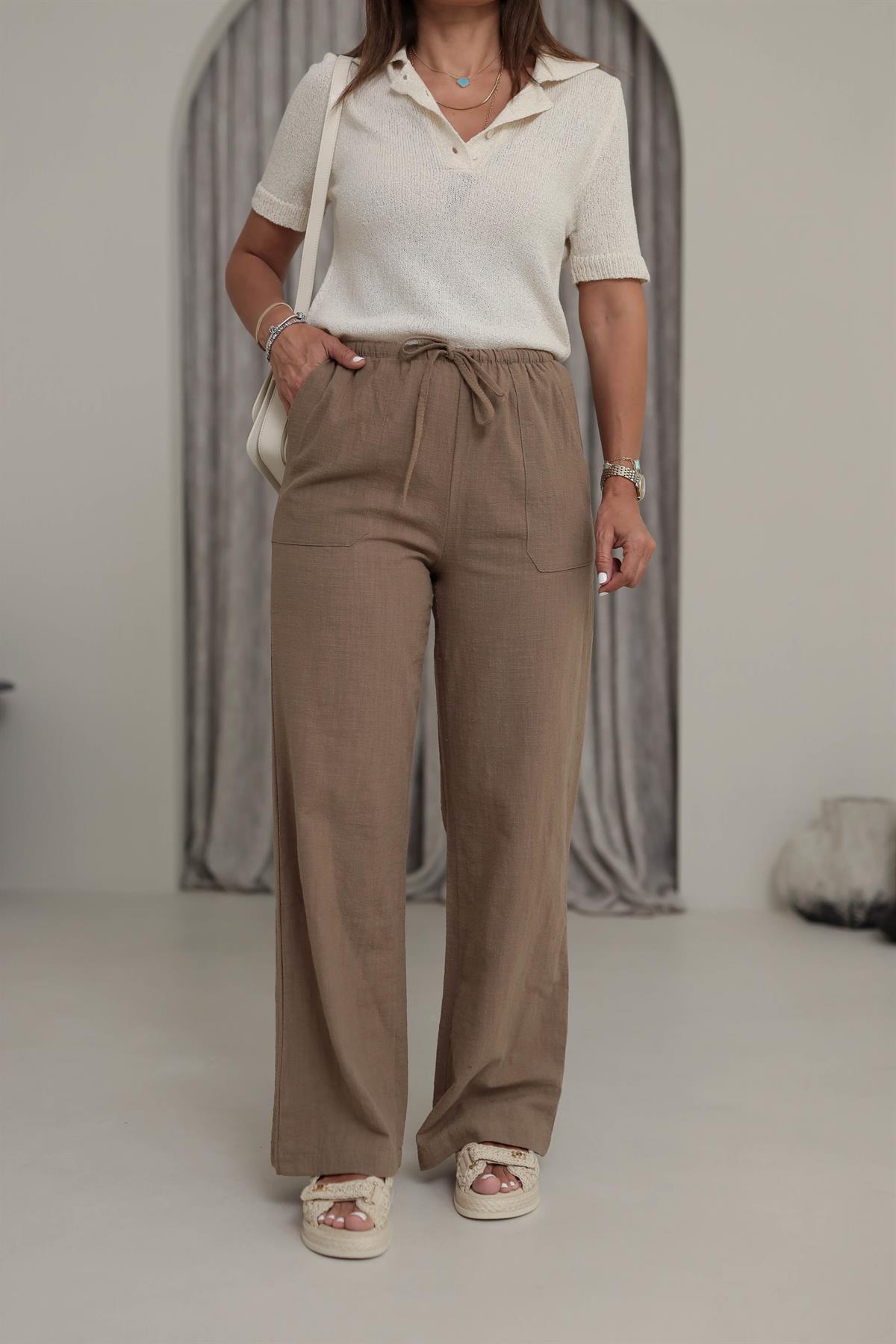 1646 Keten Kordonlu Pantolon CAMEL