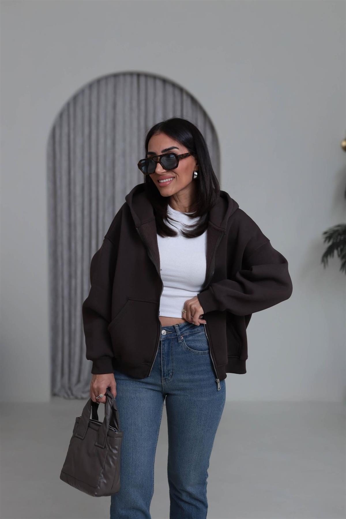 0822 Kapüşonlu Fermuarlı Şardonlu Sweatshirt ACI KAHVE