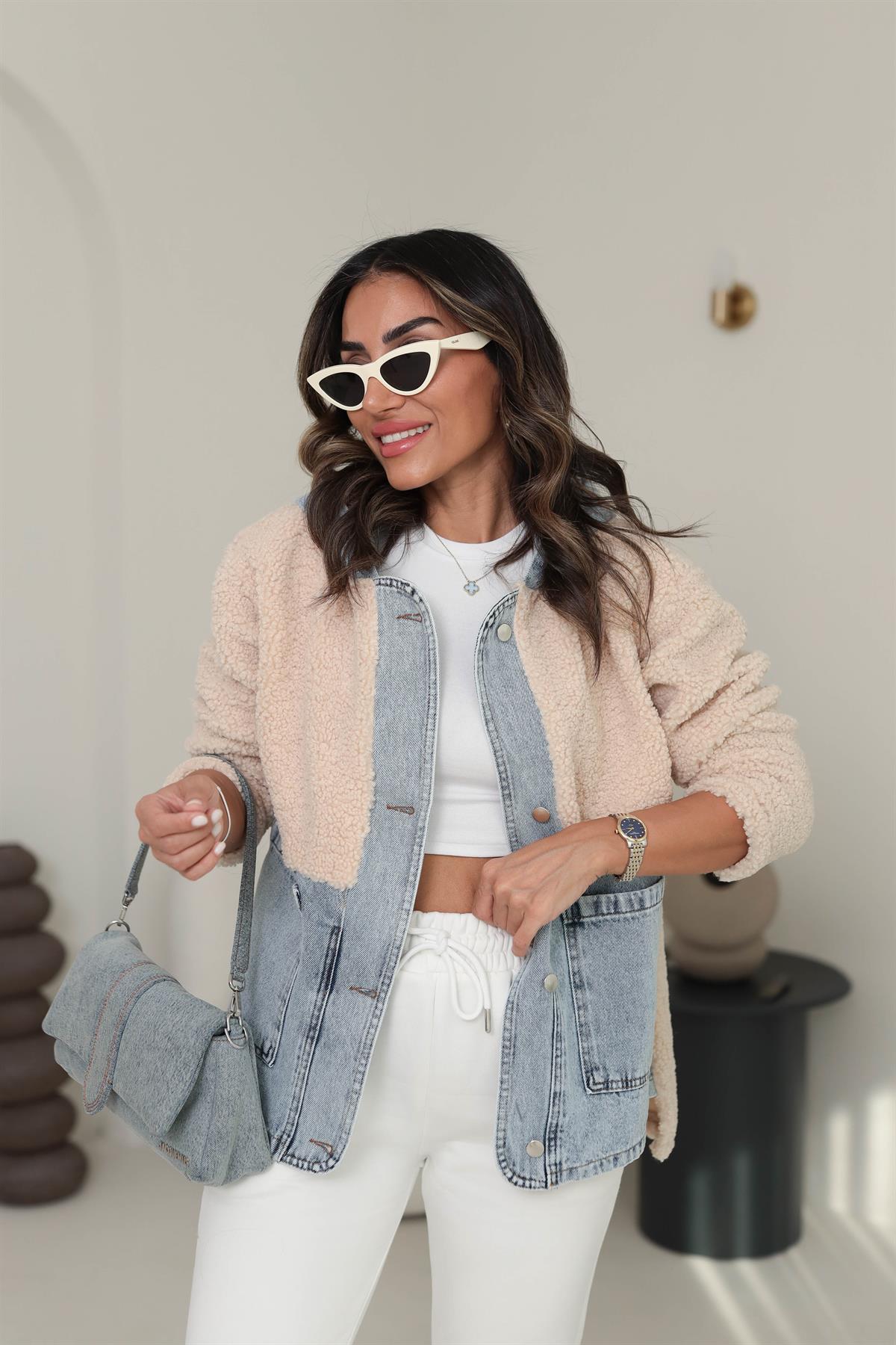 4163 Kot Garnili Kapşonlu Teddy Mont TAŞ