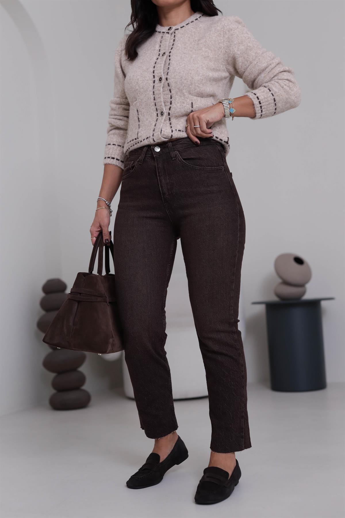 Za Lazer Kesikli Taşlama Kahve Boyfit  Jean ACI KAHVE