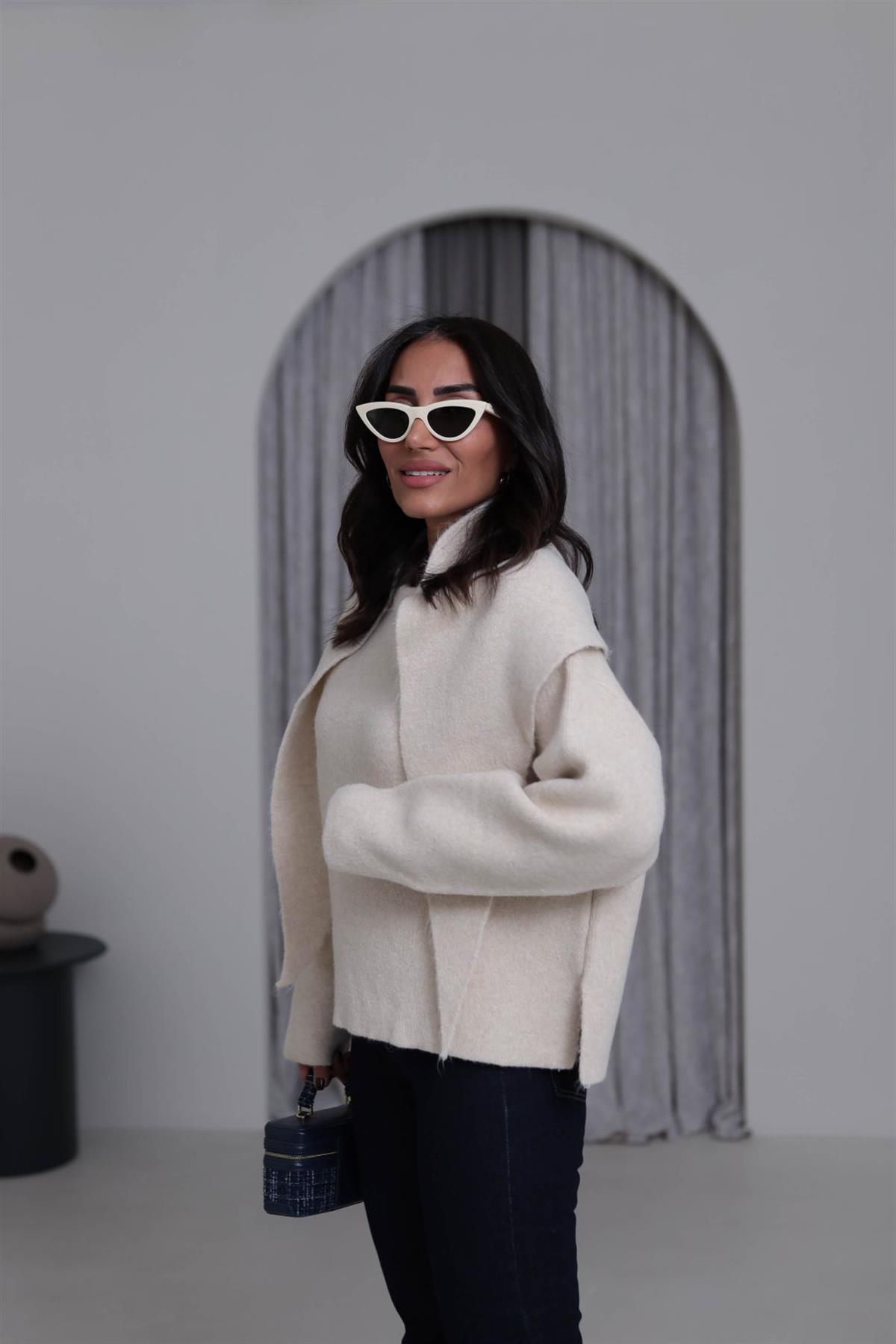 2567 Bisiklet Yaka Şal Detaylı Triko Kazak BEJ