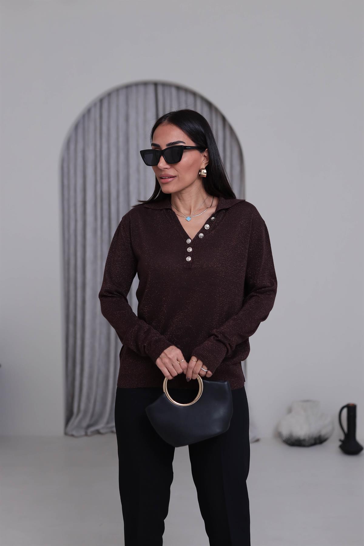 Simli Polo Yaka Bluz KAHVE