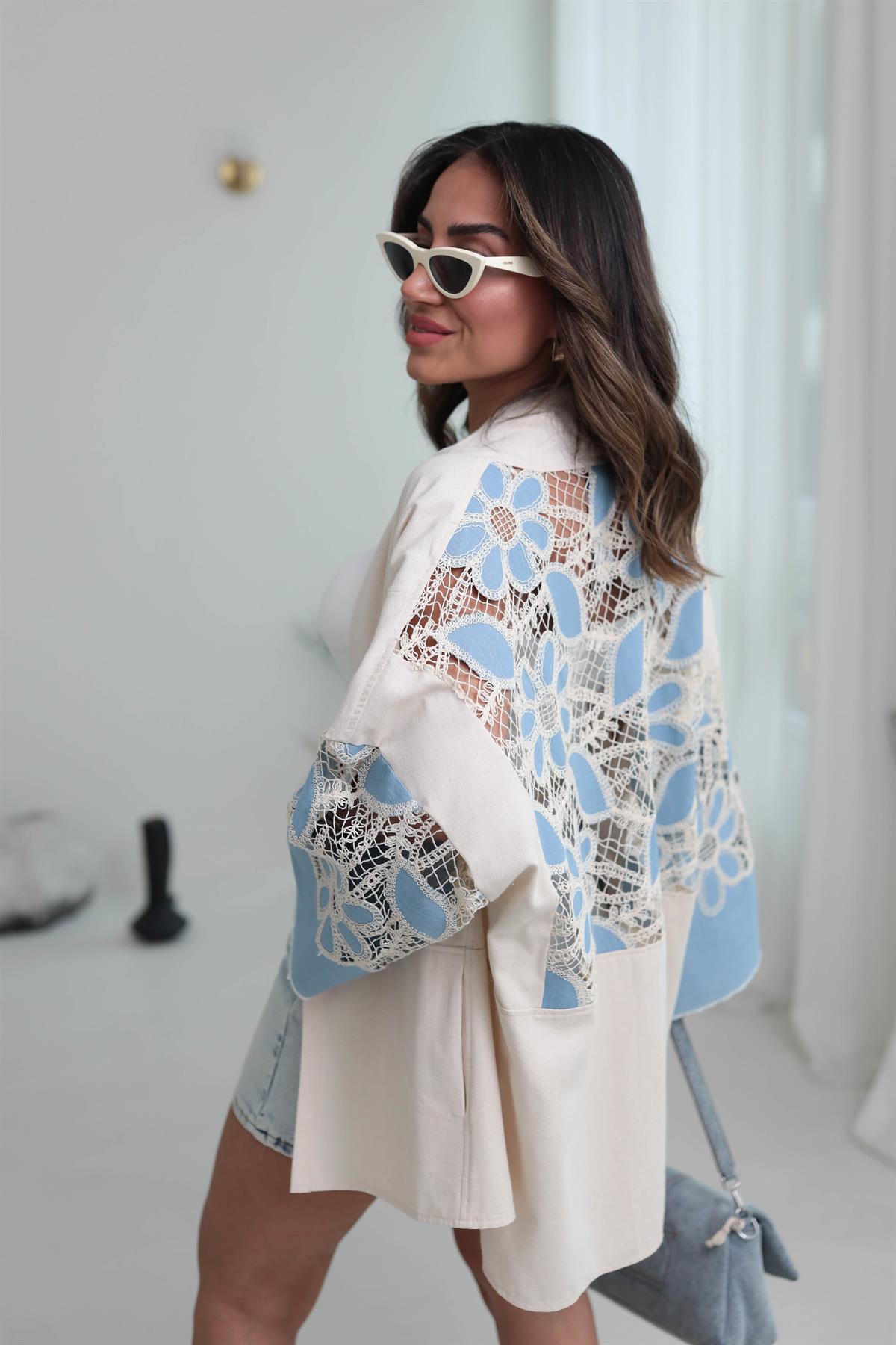 1002 Kot Çiçek İşlemeli Keten Kimono NATURAL