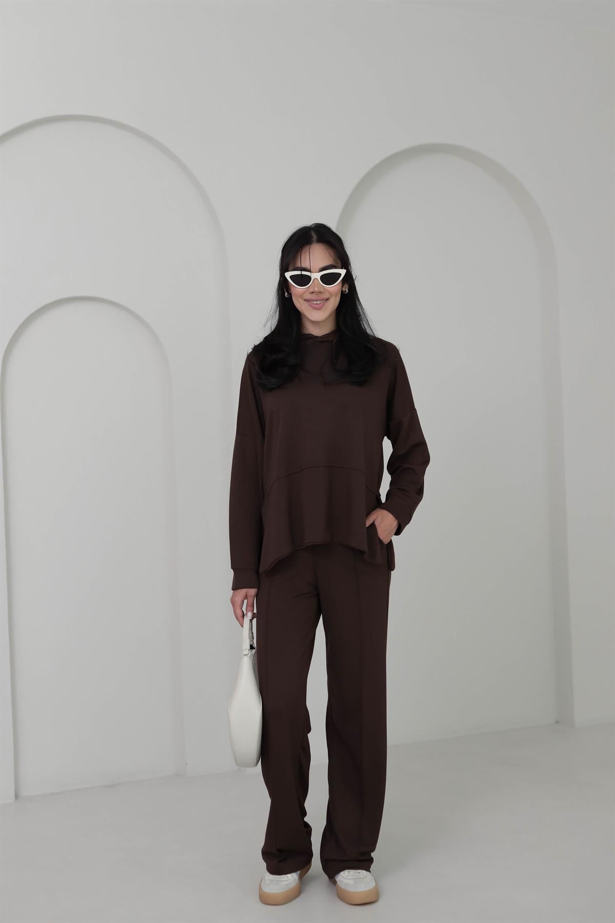 2130 Kapşonlu Uzun Kol Modal Penye Takım KAHVE