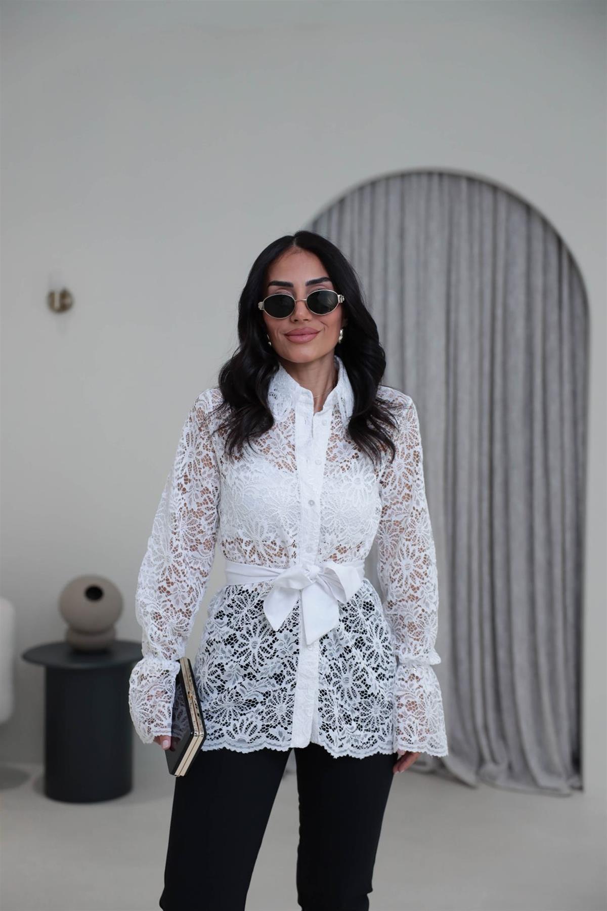 3152 Kuşaklı Dantel Gömlek BEYAZ