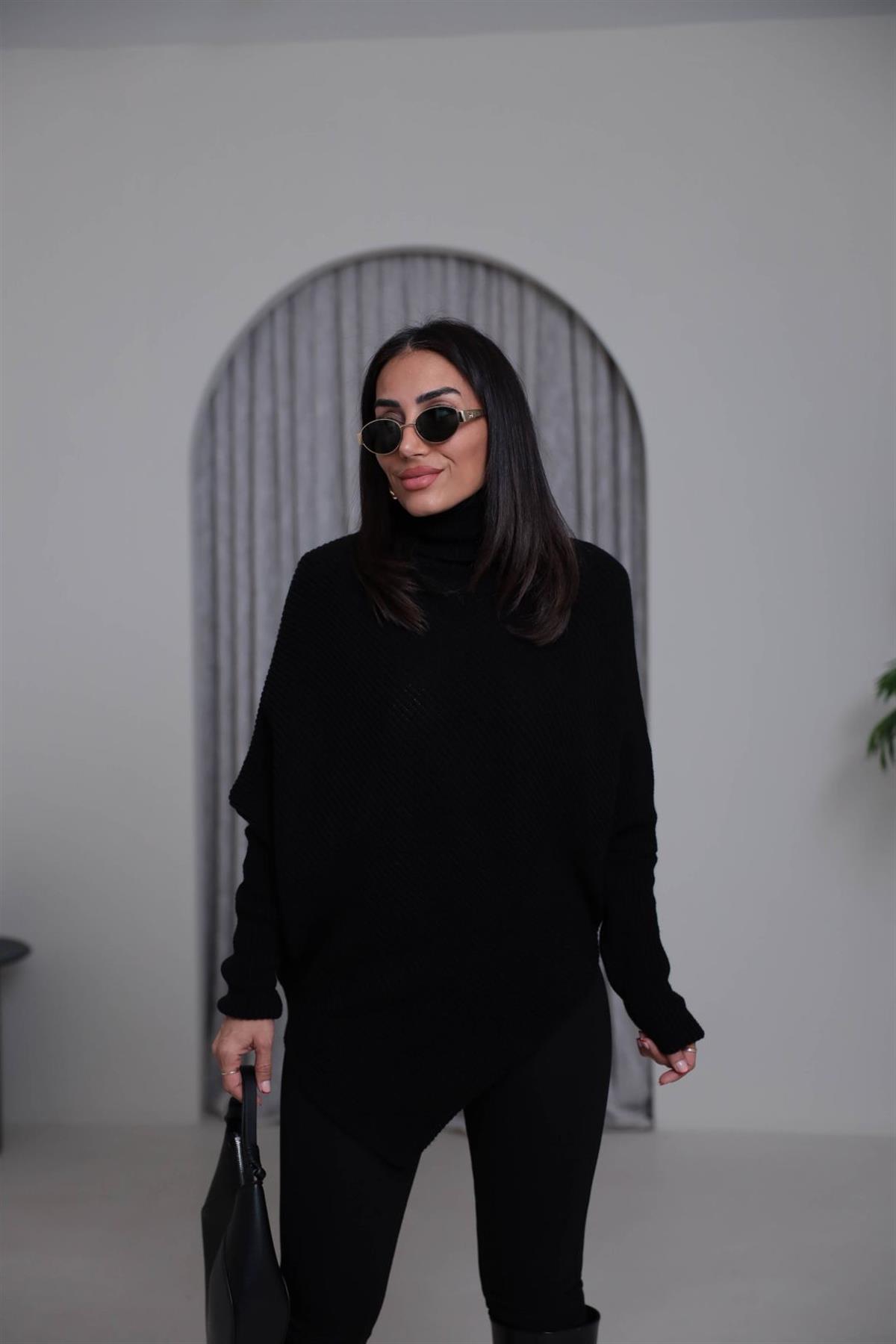 2574 Balıkçı Yaka Asimetrik Triko Kazak SİYAH