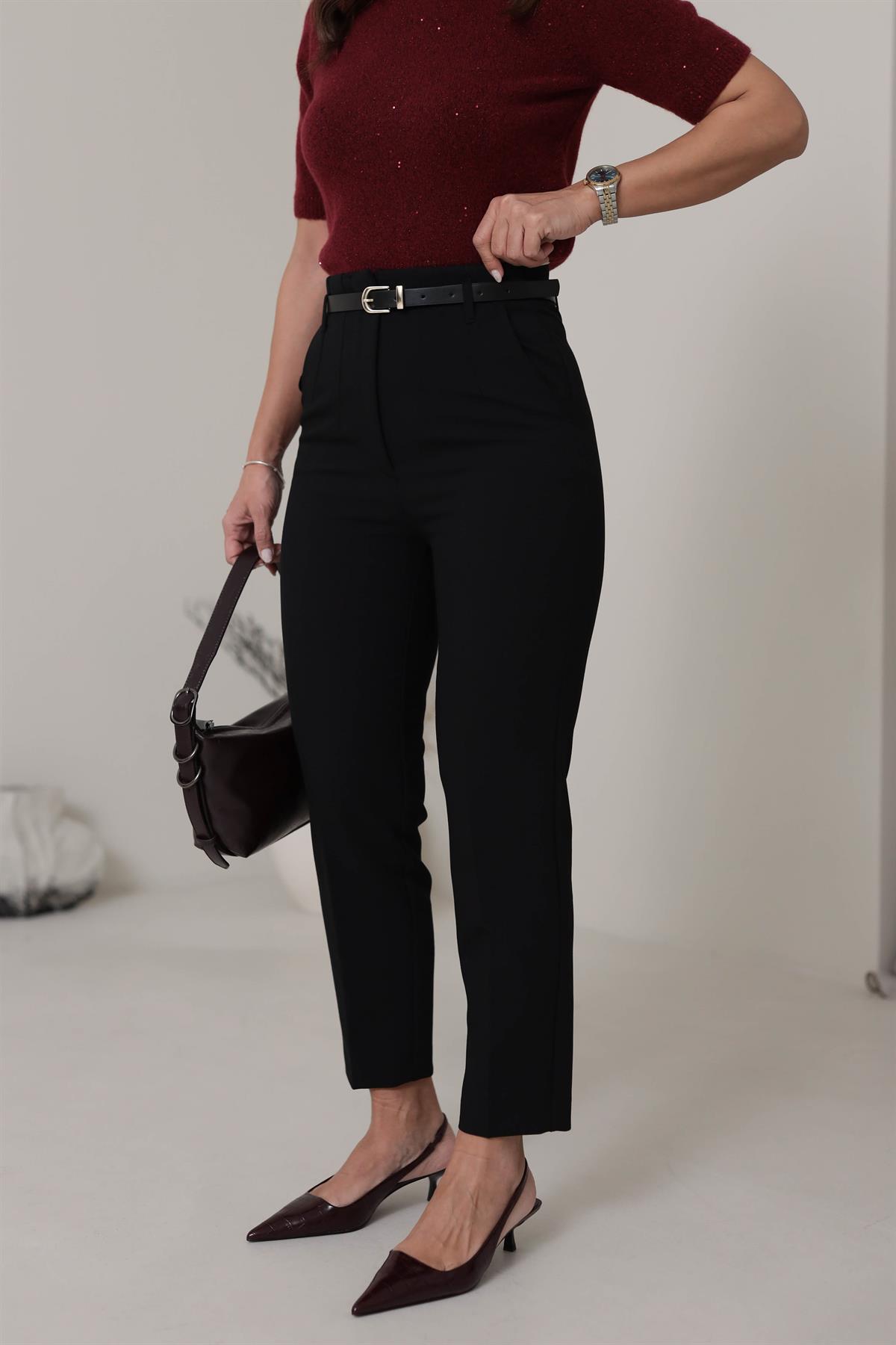 6546 Kemerli Kumaş Pantolon SİYAH