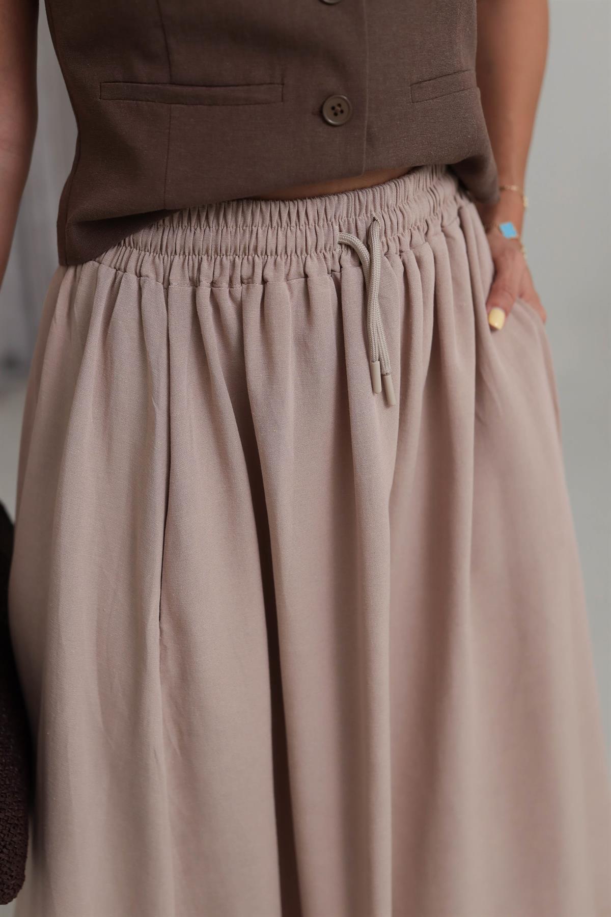 7730 Cepli Beli Lastikli Midi Etek CAMEL