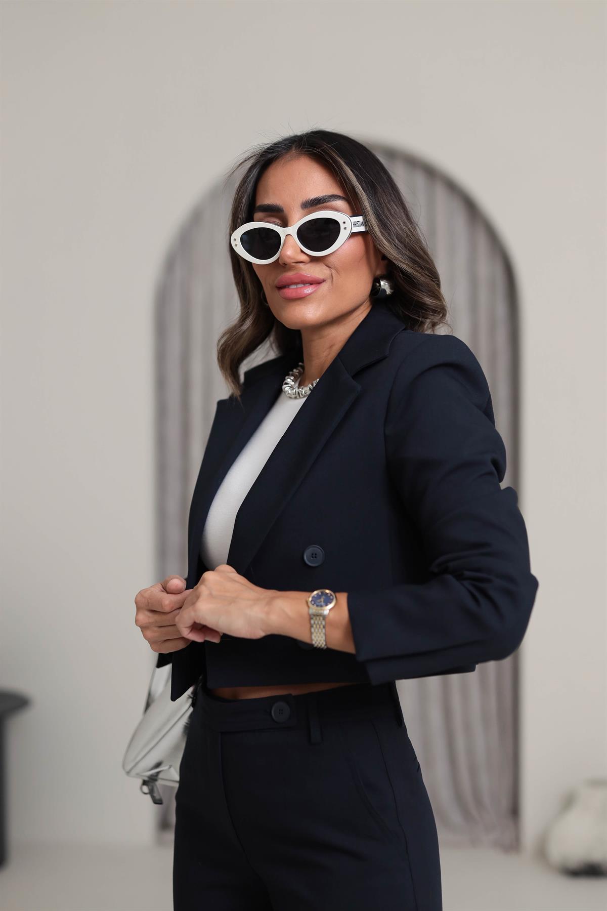 0744 Kruvaze Düğmeli Crop Blazer LACİVERT