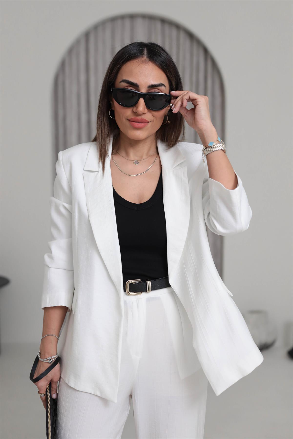 50178 Aeronbin Kol Katlamalı Çizgili Blazer Ceket EKRU