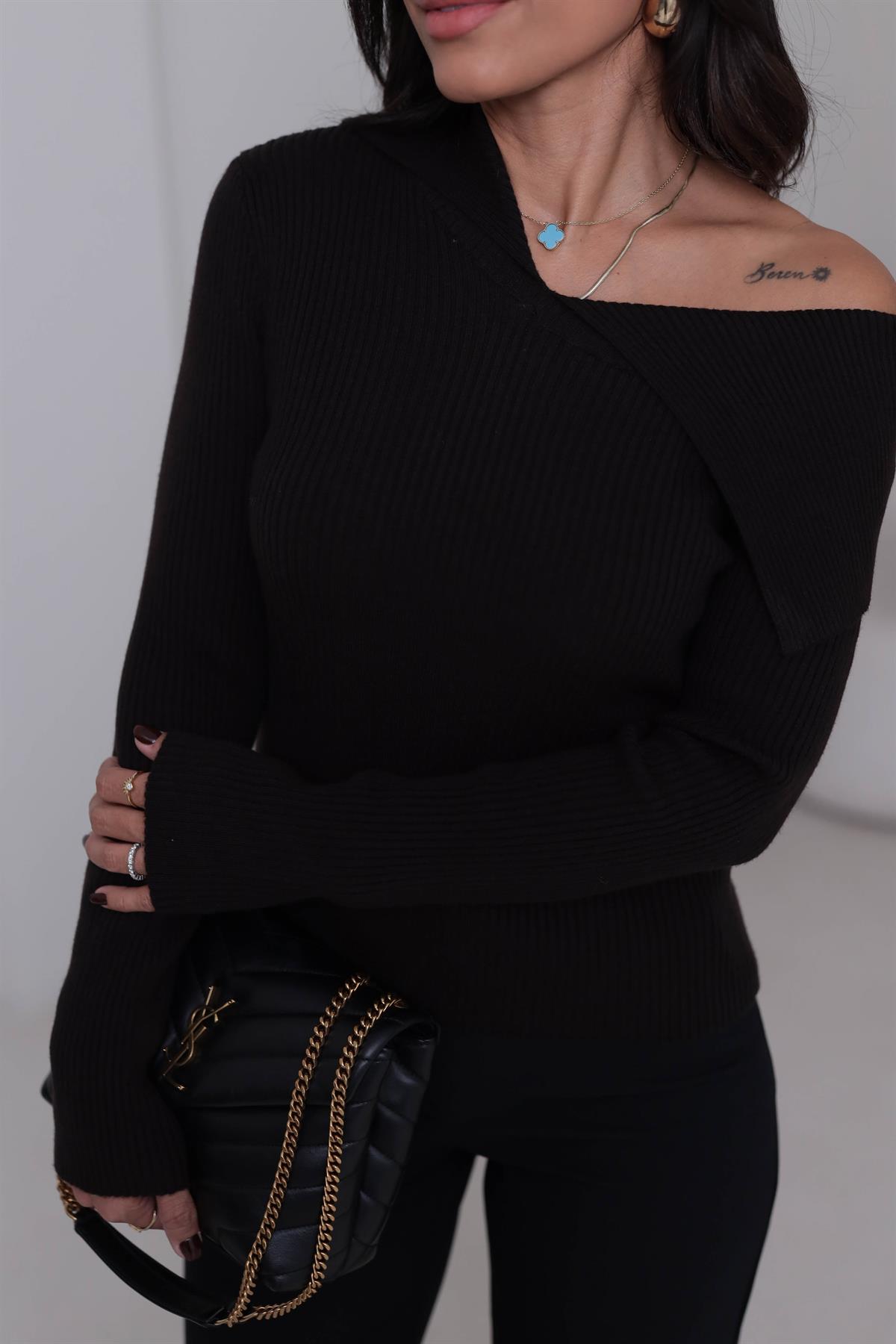 0815 Asimetrik Yaka Fitilli Triko Kazak ACI KAHVE