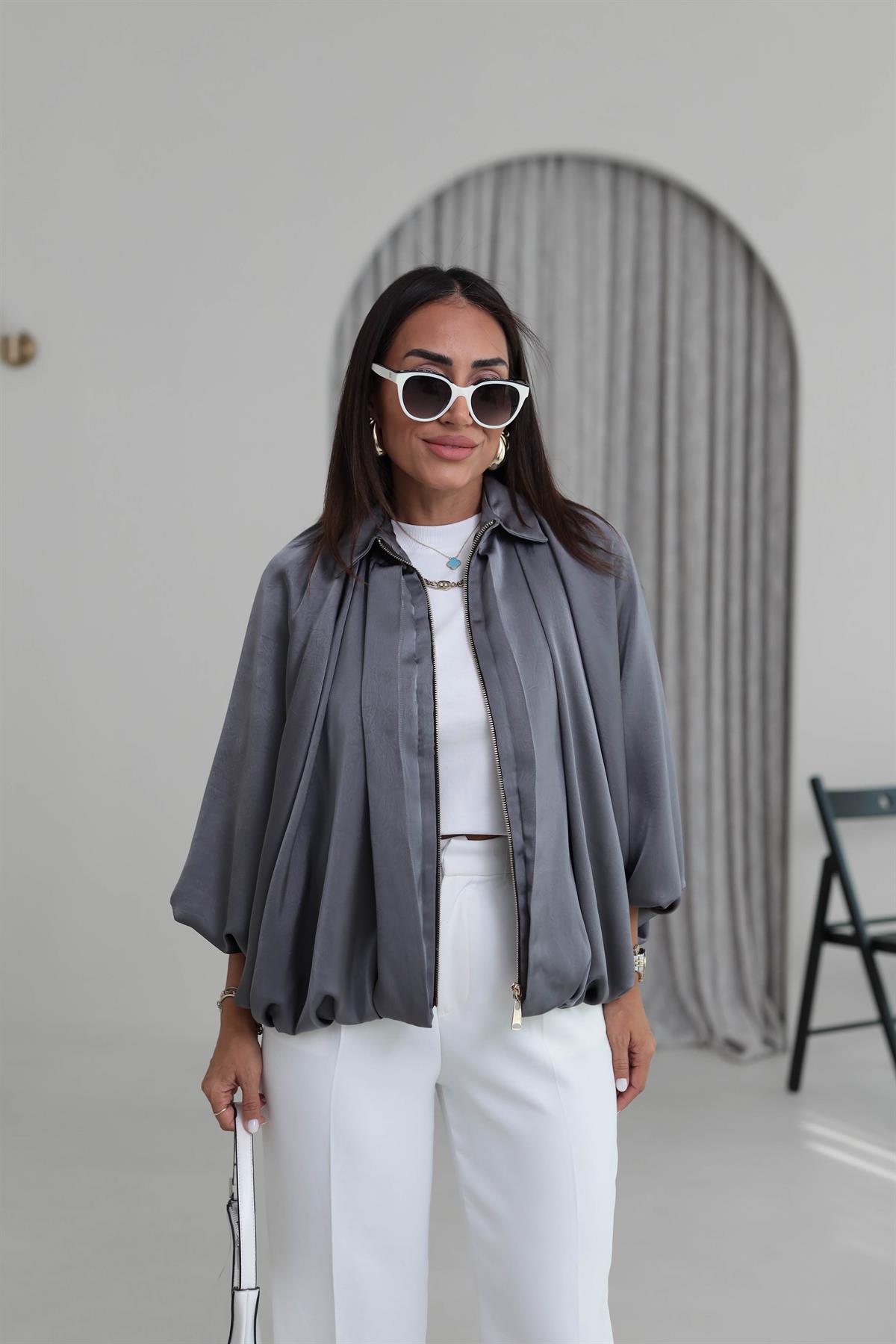 9584 Kendinden Desenli Saten Bomber Ceket ANTRASİT