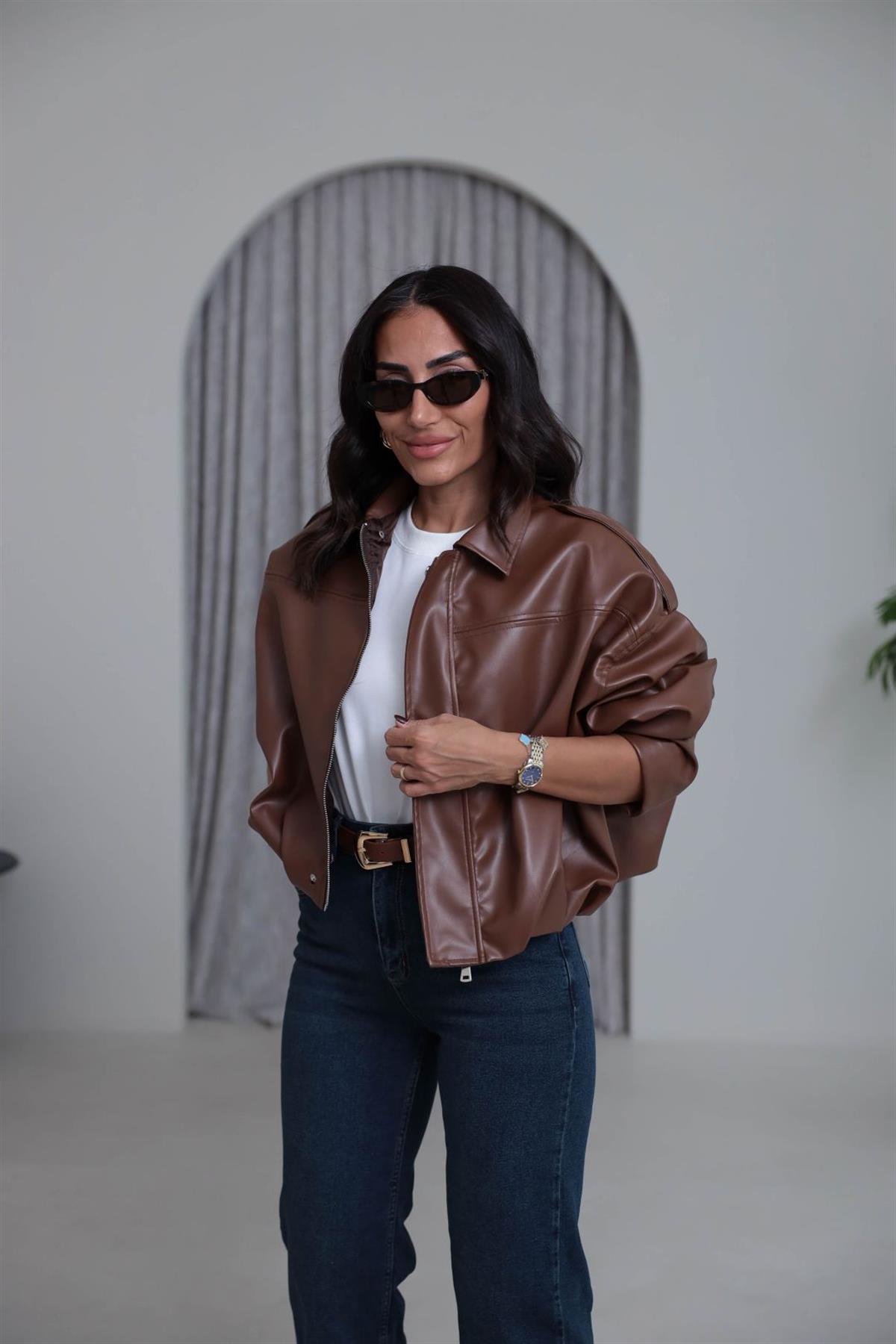 4221 Gömlek Yaka Suni Deri Bomber Ceket TABA