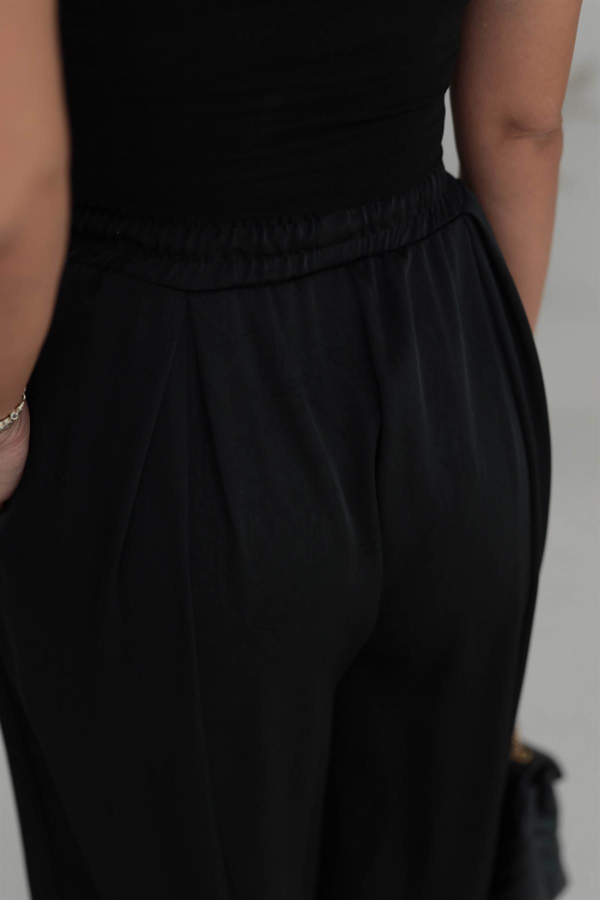 1199 Kendinden Desenli Saten Şalvar Pantolon SİYAH