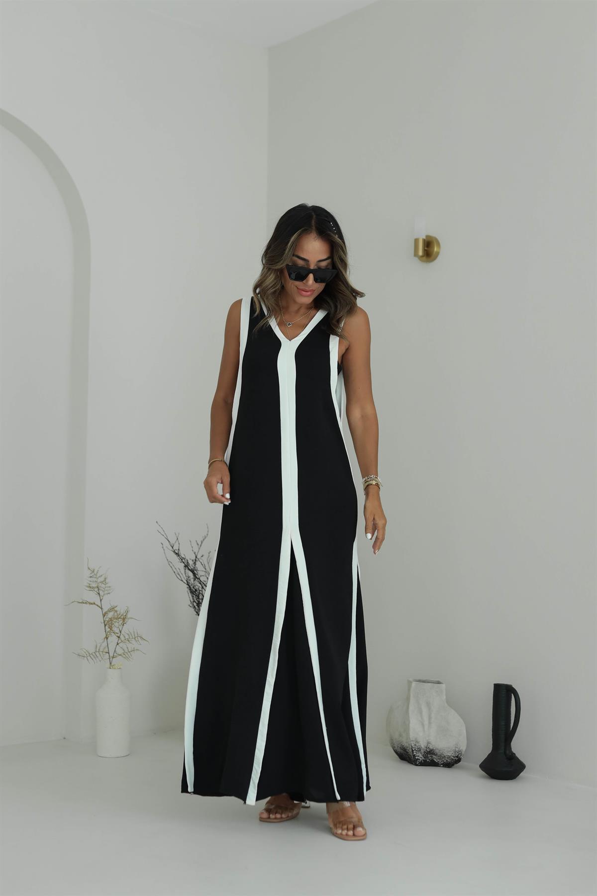 9005 V Yaka Beyaz Şeritli Uzun Elbise