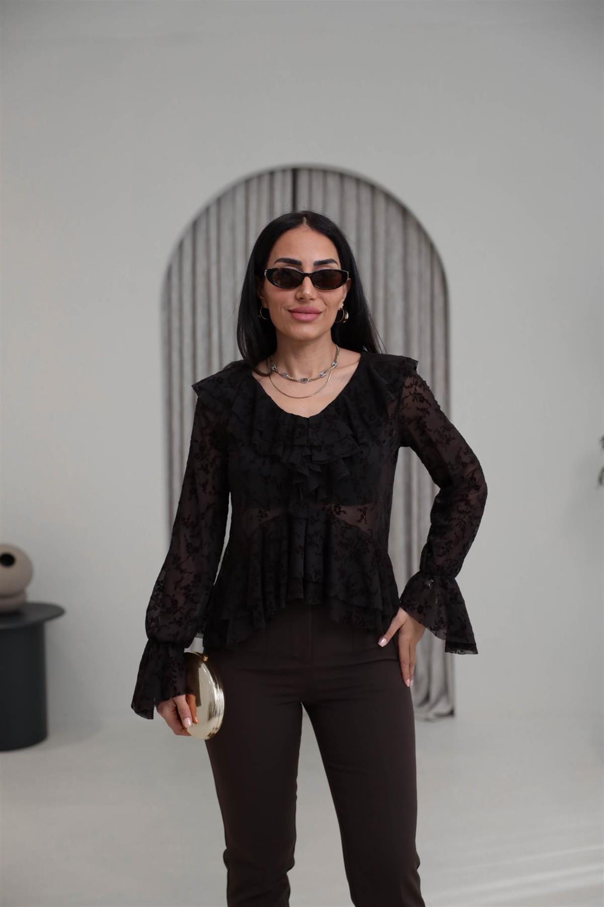 1110 Kadife Baskılı Fırfırlı Tül Bluz KAHVE