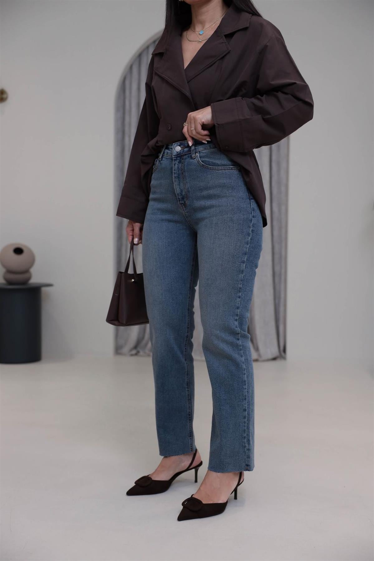 2006 Paça Kesikli Yüksek Bel Straight Jean TİNTLİ MAVİ