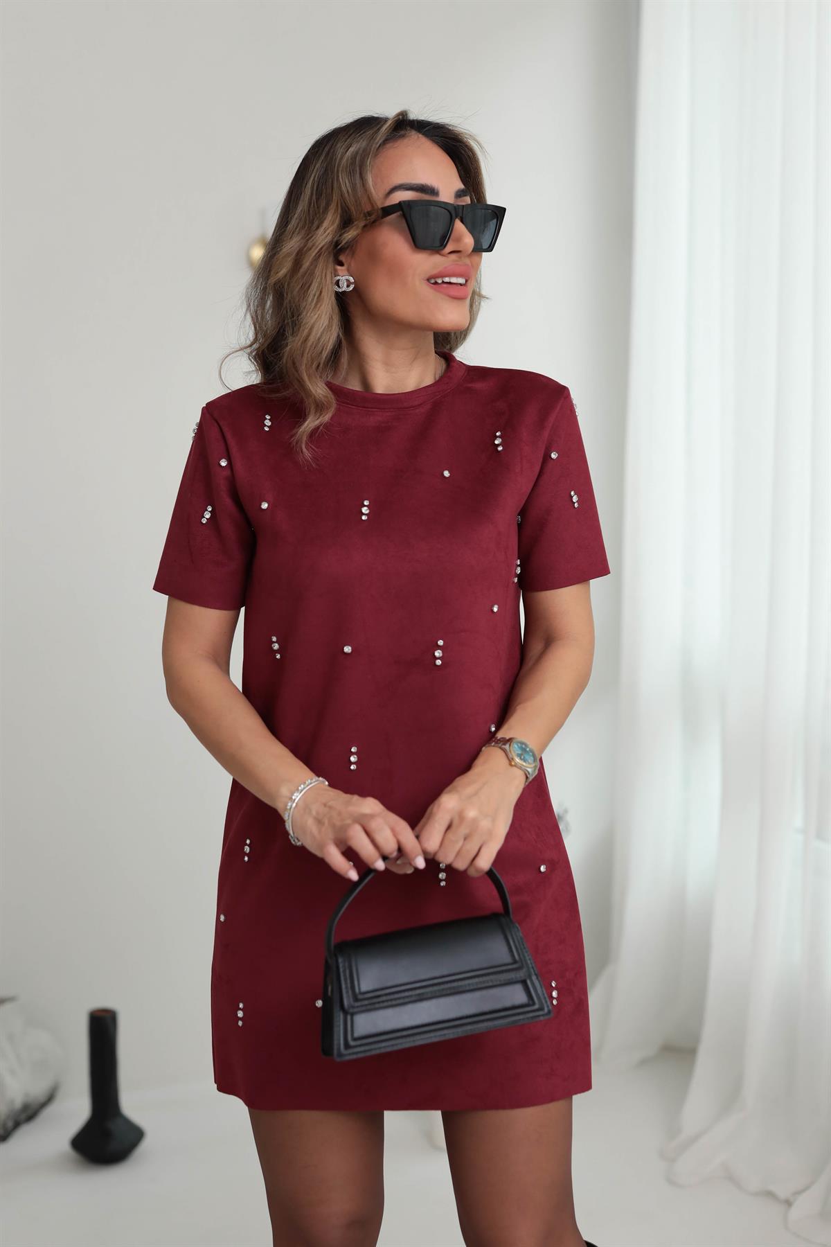 107 Nubuk Taş İşlemeli Elbise BORDO