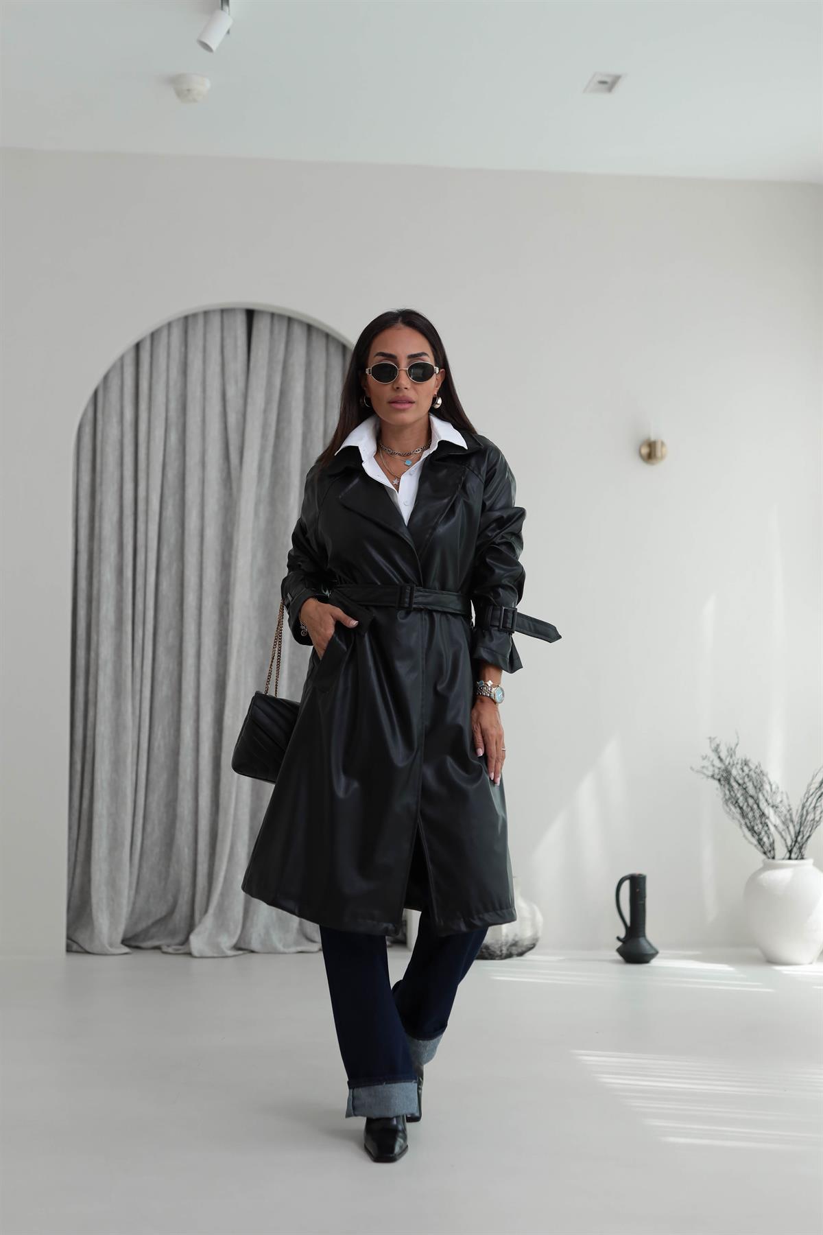 2035 Kemerli Deri Trençkot SİYAH