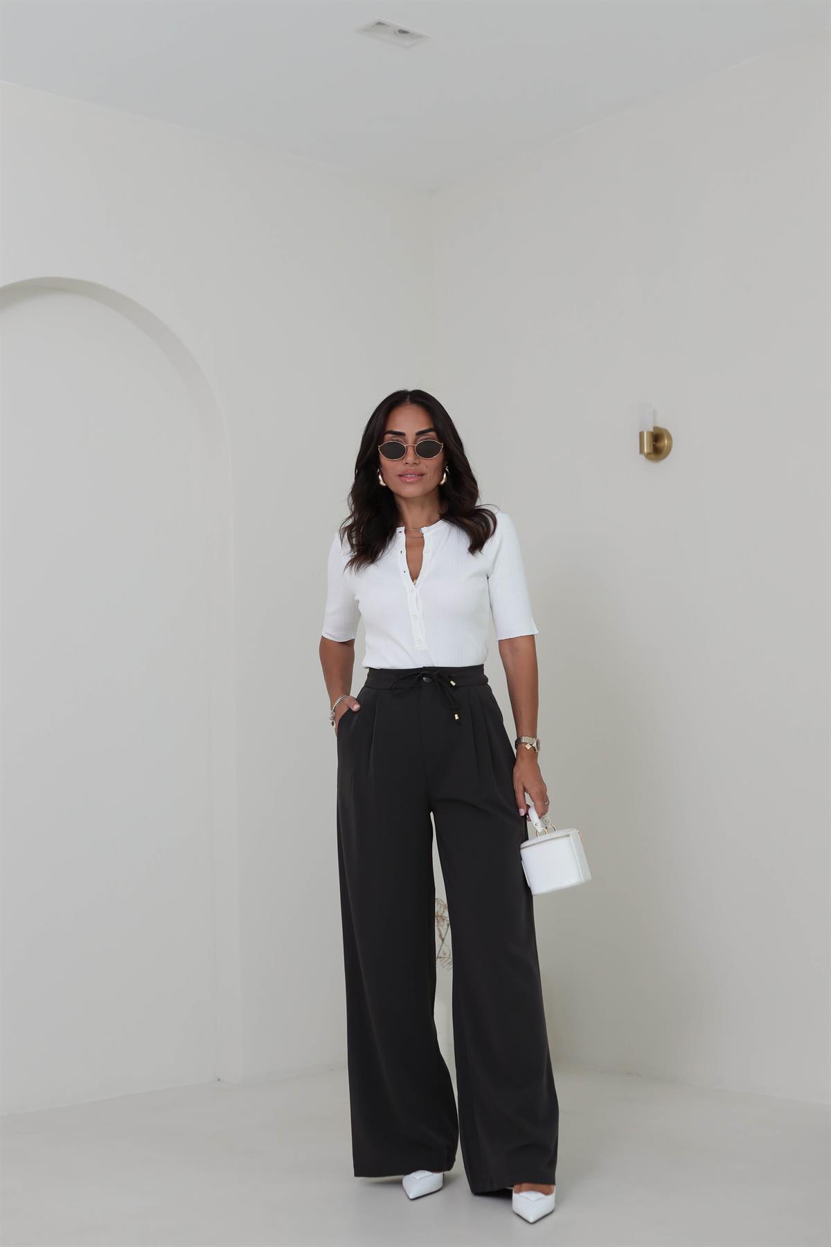 1212 Bağcık Detay Pileli Palazzo Pantolon KOYU KAHVE