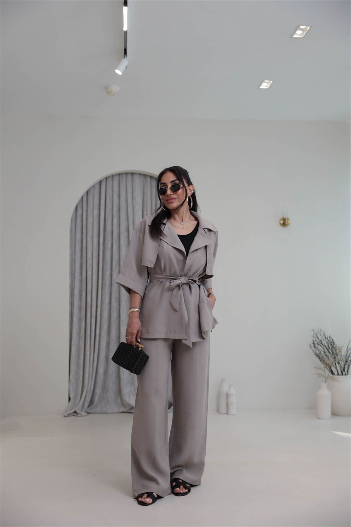 7309 Tencel Kumaş Yarım Kol Gömlek Pantolon Takım VİZON