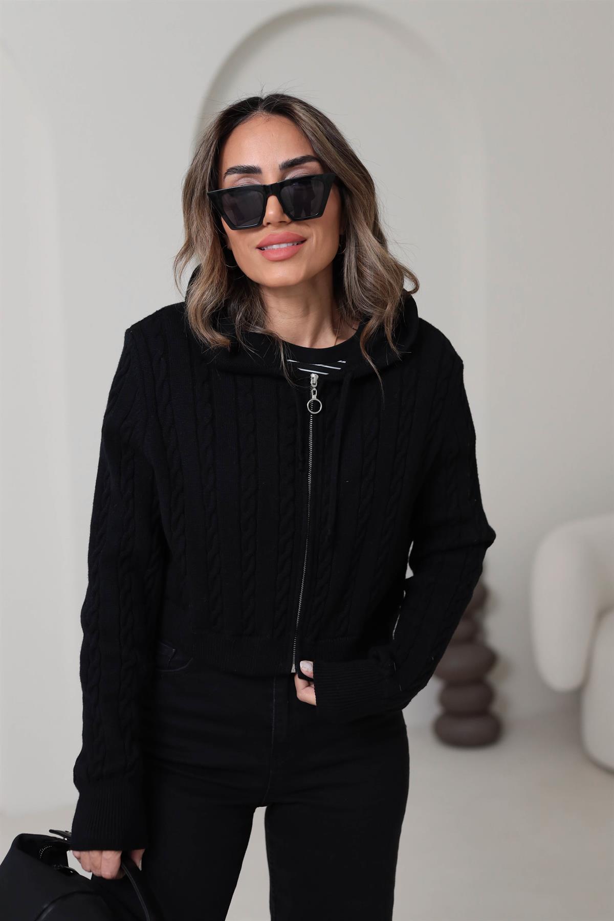 5199 Kapşonlu Fermuarlı Yumuşak Doku Hırka SİYAH