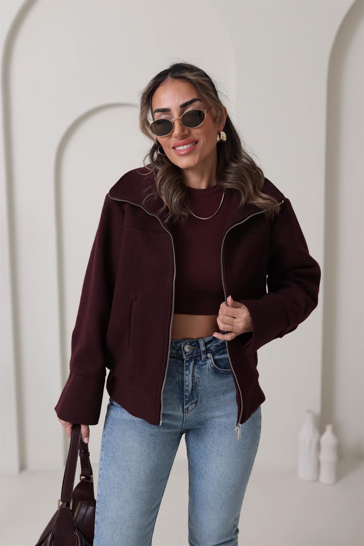 9567 Fermuarlı Kaşe Mont BORDO