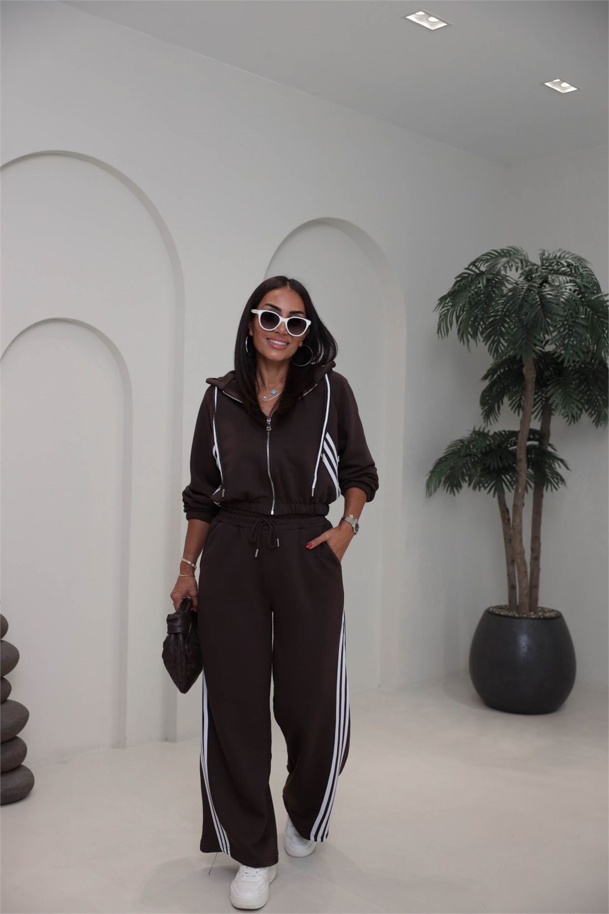 4285 Şerit Detaylı Fermuarlı Sweat Pantolon Takım KAHVE