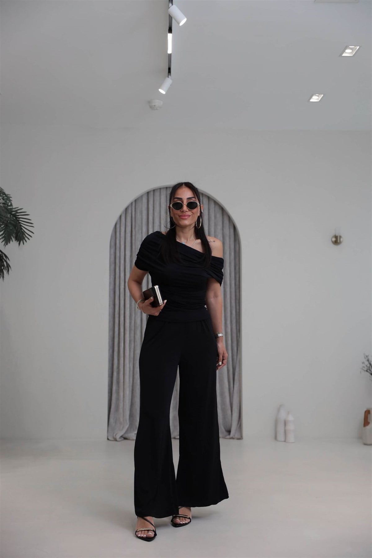 5388 Dökümlü Drapeli Sandy Bluz Pantolon Takım SİYAH