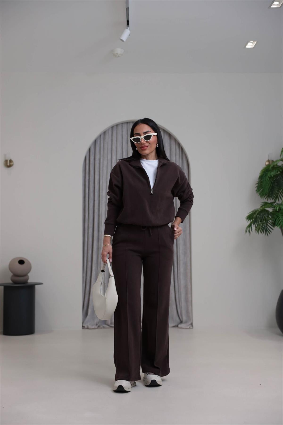 0122 Yarım Fermuarlı Tshirt Garnili Selanik Kumaş Takım KAHVE