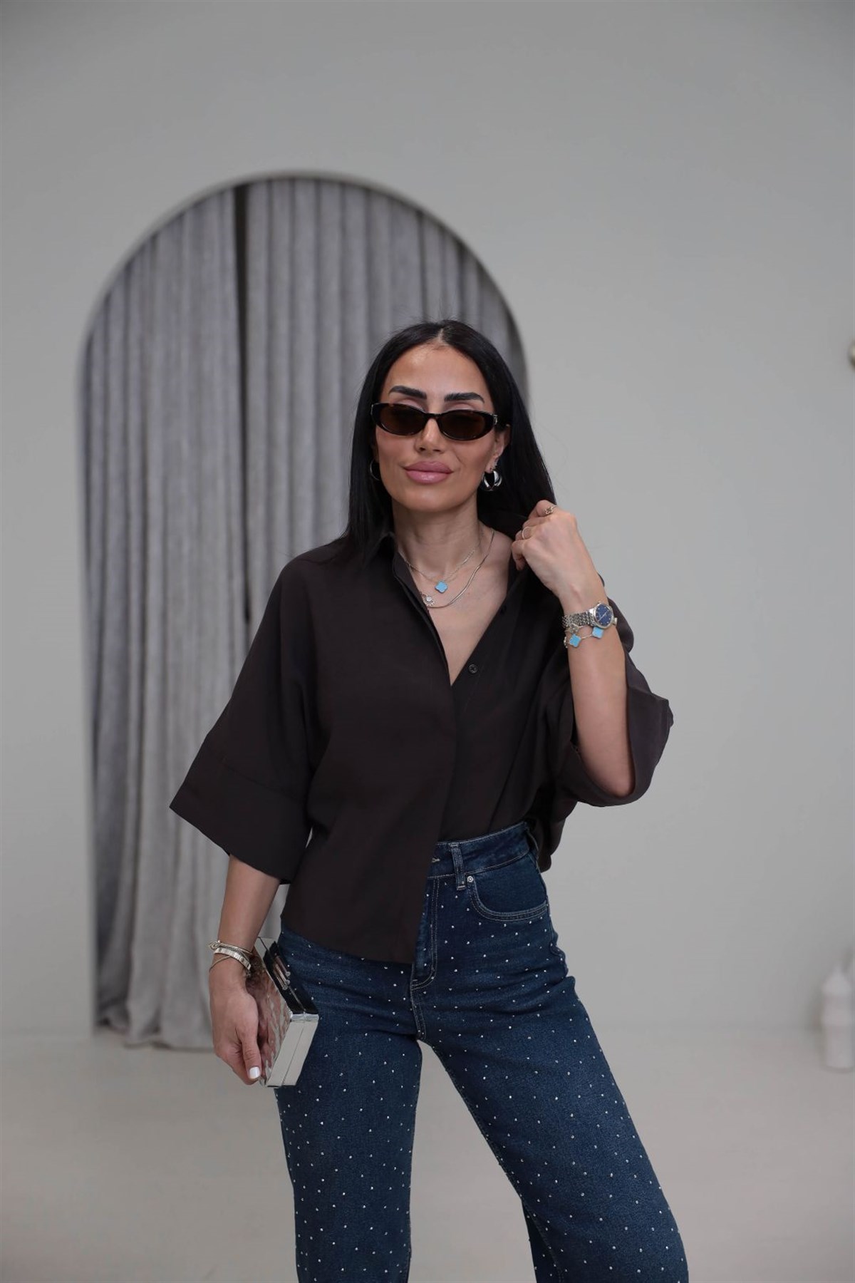 8406 Kısa Kol Tencel Gömlek KAHVE