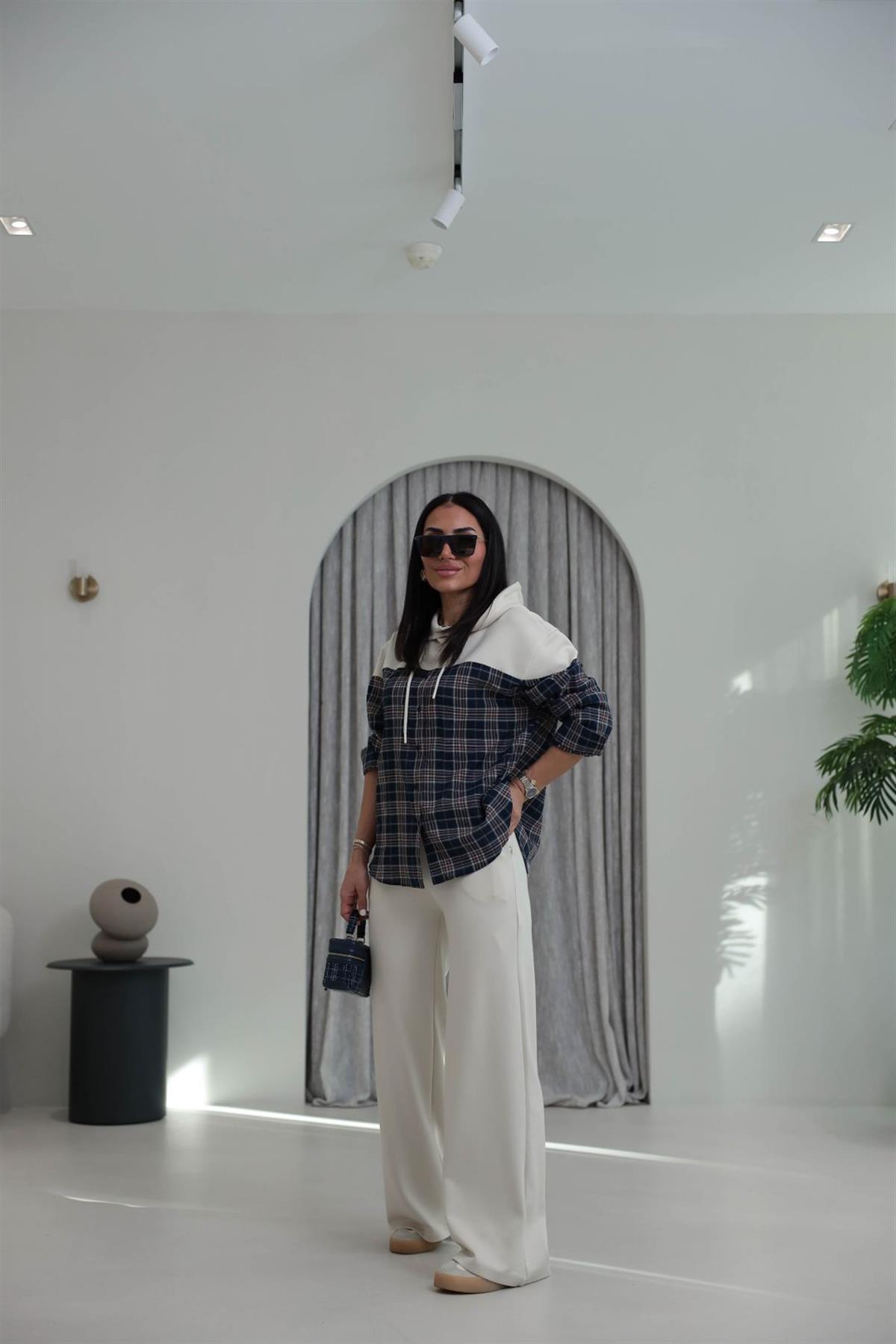 7204 Ekose Gömlek Mixli Modal Takım BEJ