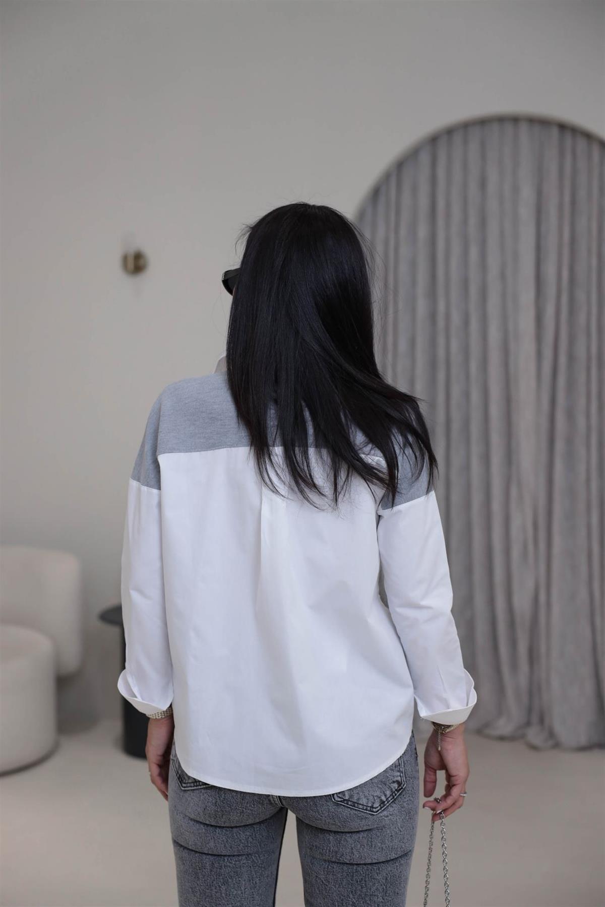 Triko Garnili Taş Detaylı Poplin Gömlek BEYAZ