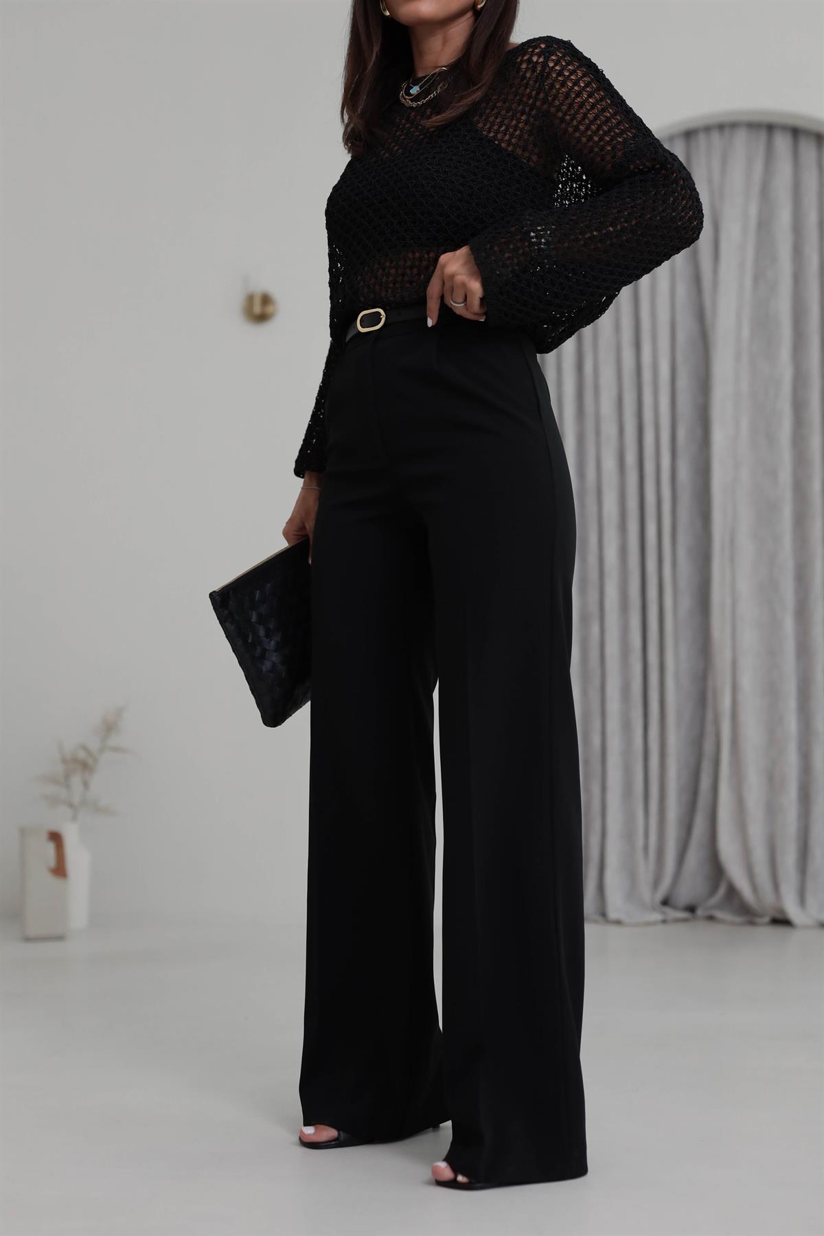 9011K Kemerli Likralı Palazzo Pantolon SİYAH