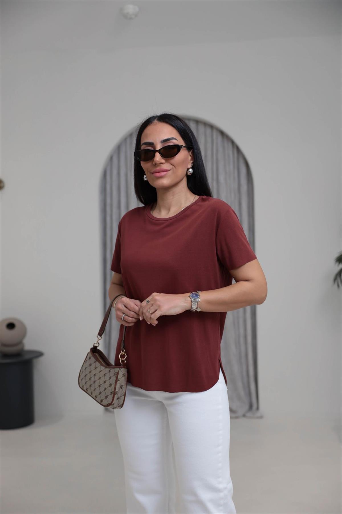 1020 Oys Lazer Kesikli Modal Tshirt KİREMİT