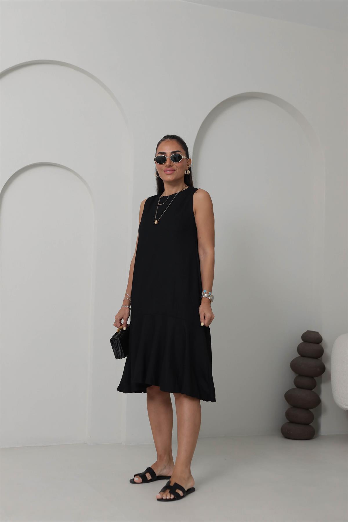 A9901 Eteği Volanlı Kolsuz Elbise SİYAH