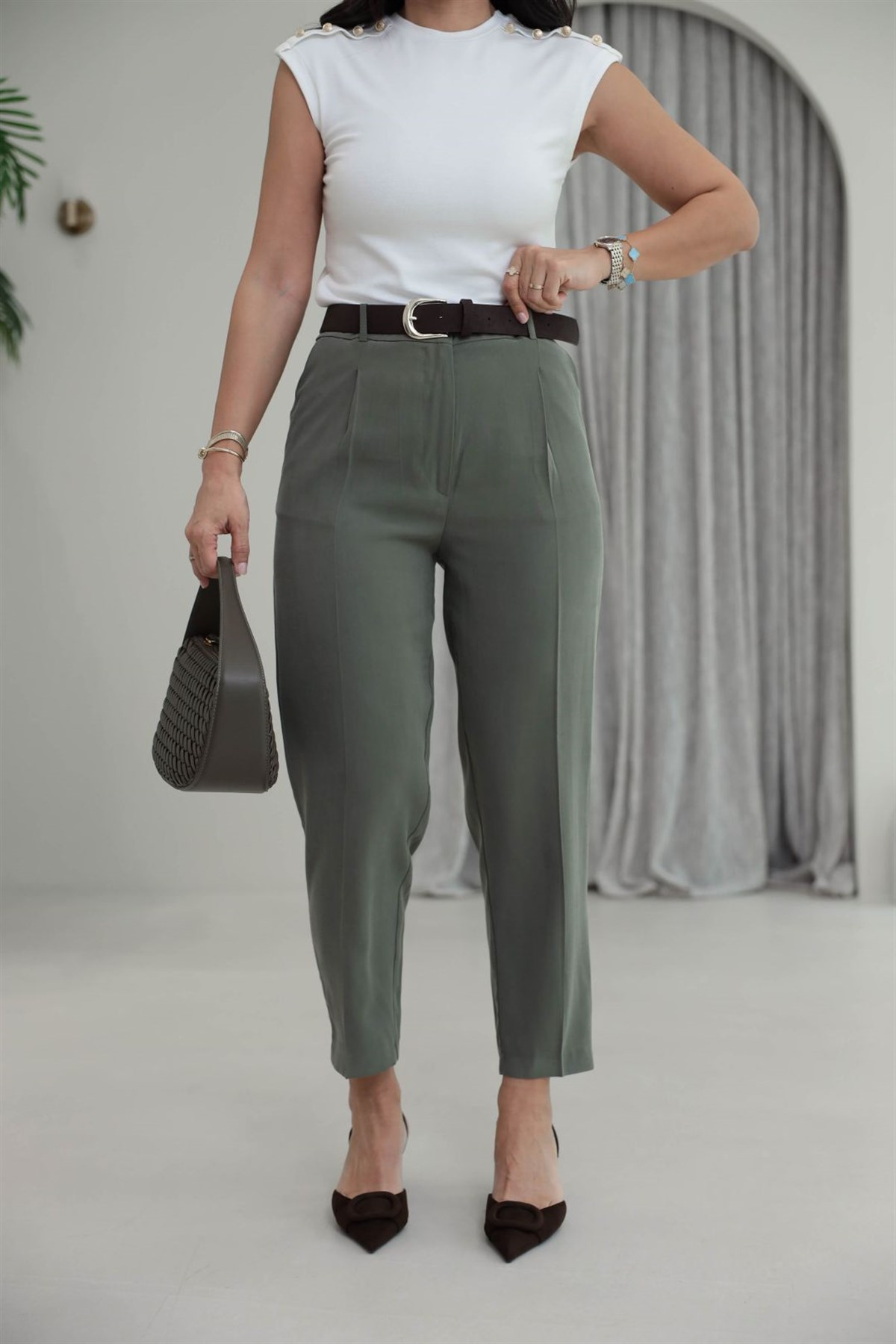 7544 Kemer Detaylı Tencel Kumaş Smart Pantolon HAKİ YEŞİL